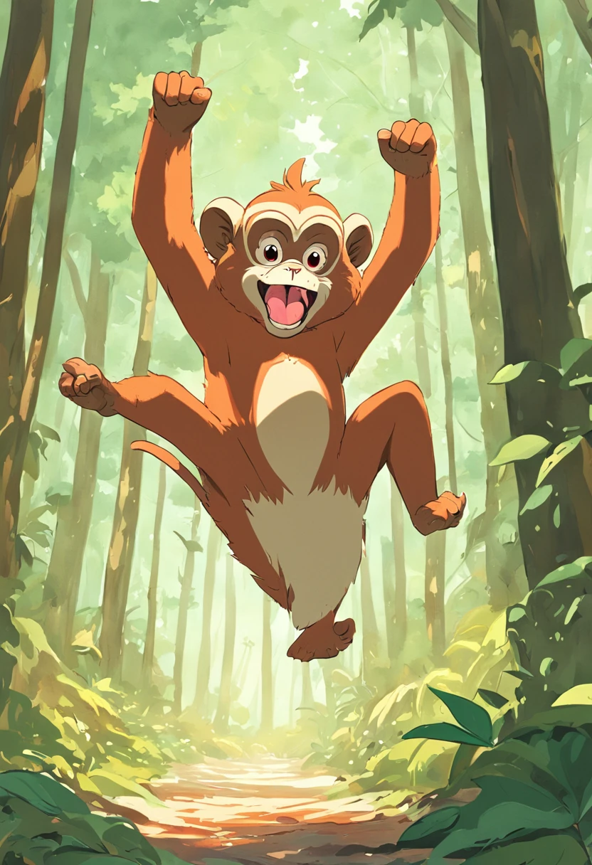 cute monkey jumping from the tree to the forest floor