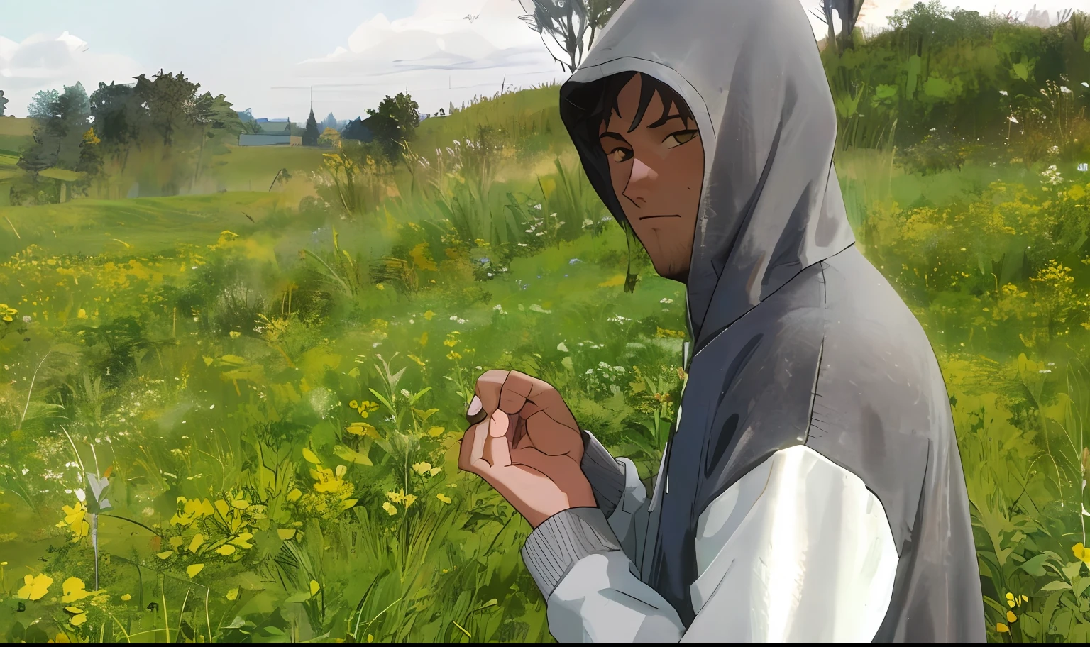 there is a man in a hoodie standing in a field, wearing a hoodie and flowers, in a field with flowers, in a field, smoking a cigarette in the field, holding a flower, holding magic flowers, in a grassy field, standing in flower field, in a grass field, in a field of flowers, amidst nature, in a meadow