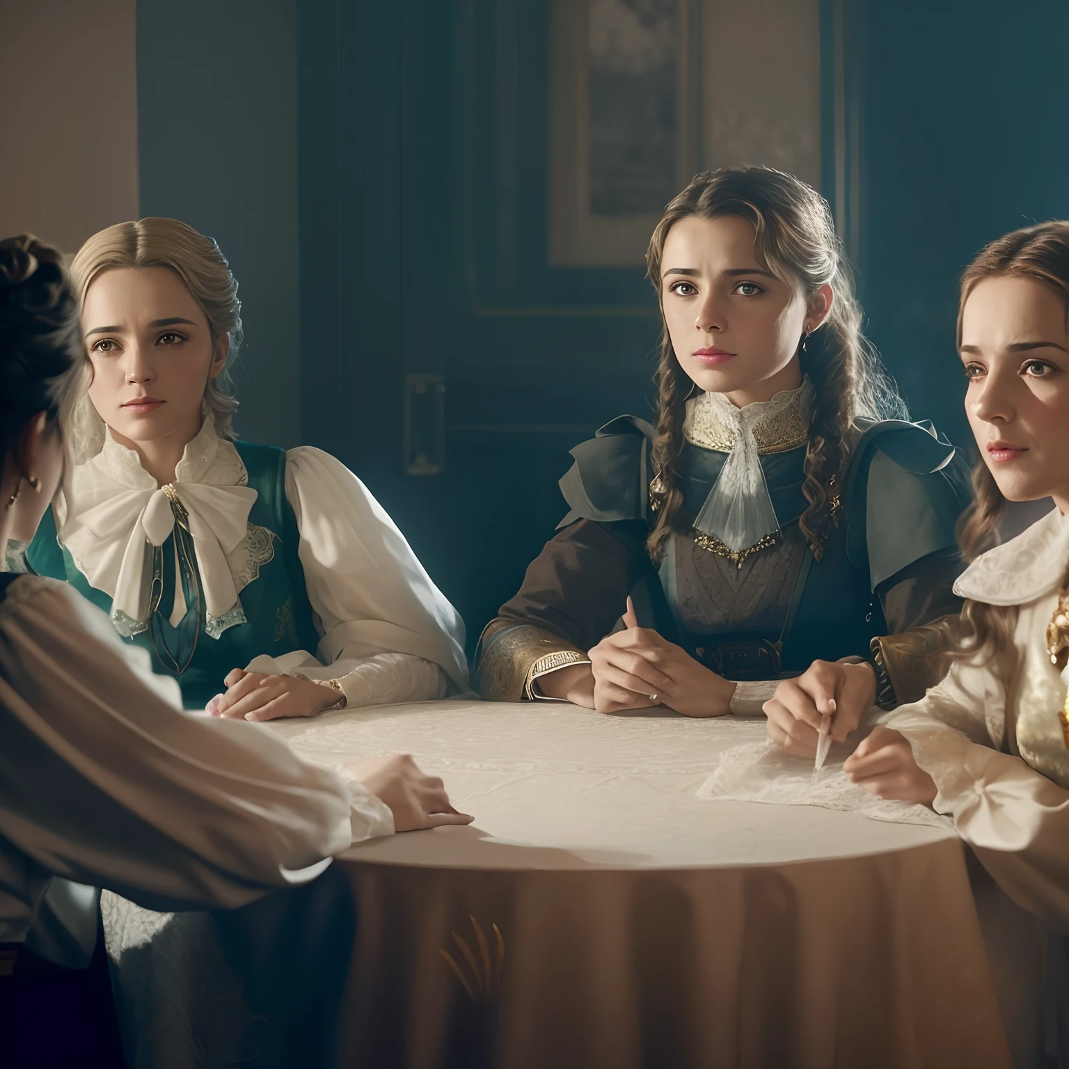 Three women sitting at a table with a white tablecloth, A Spiritist Session, ainda de um filme live action, kramskoi 4 mil, cena do filme, ainda do filme, Directed by: Emma Andijewska, ainda do filme, videoclipe, captura de tela de um filme, ainda de um filme, cena de um filme, ainda de um filme de fantasia