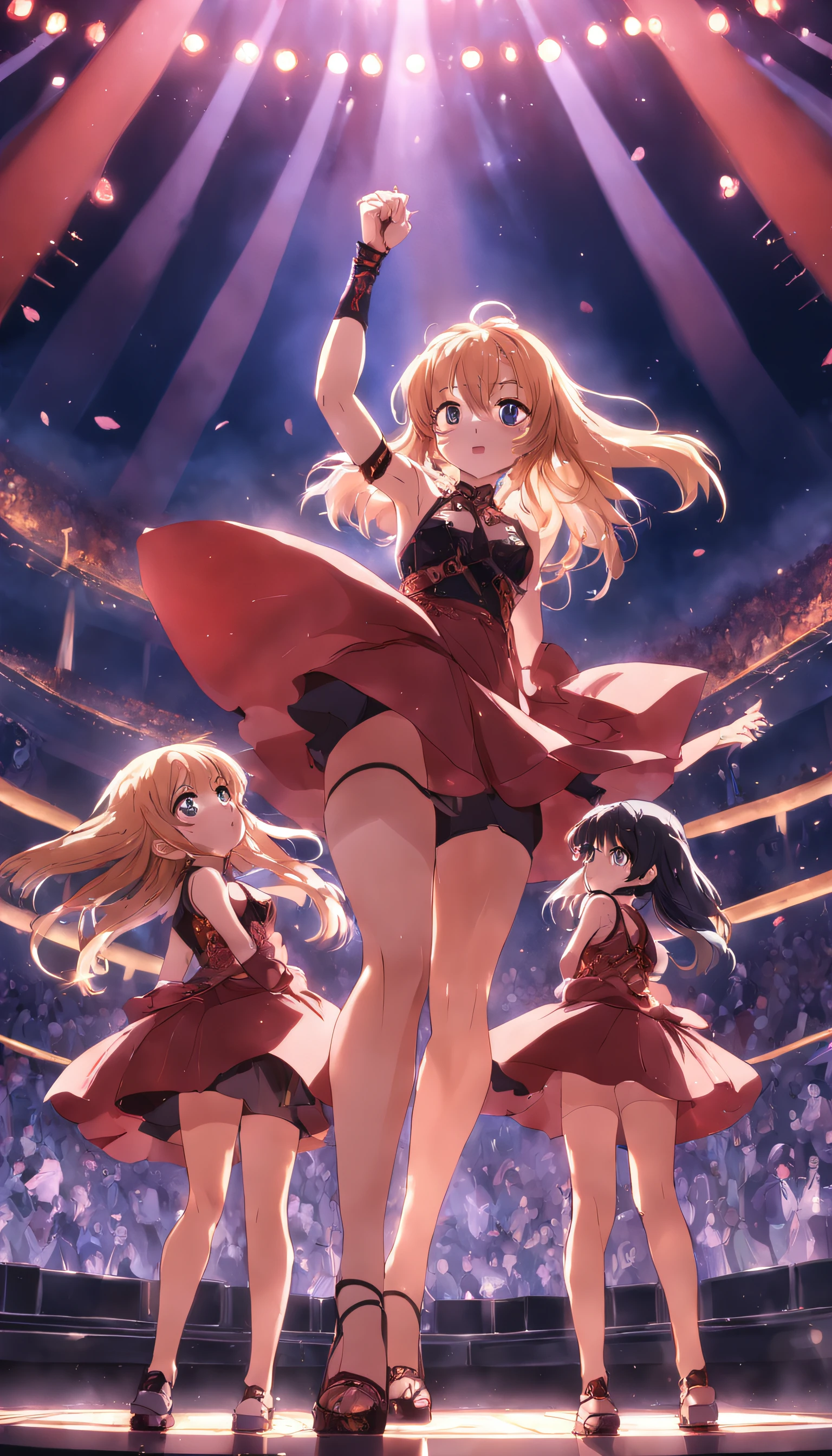 italian mom and her daughters on top of a stage playing hard rock music, hard rock sexy dress