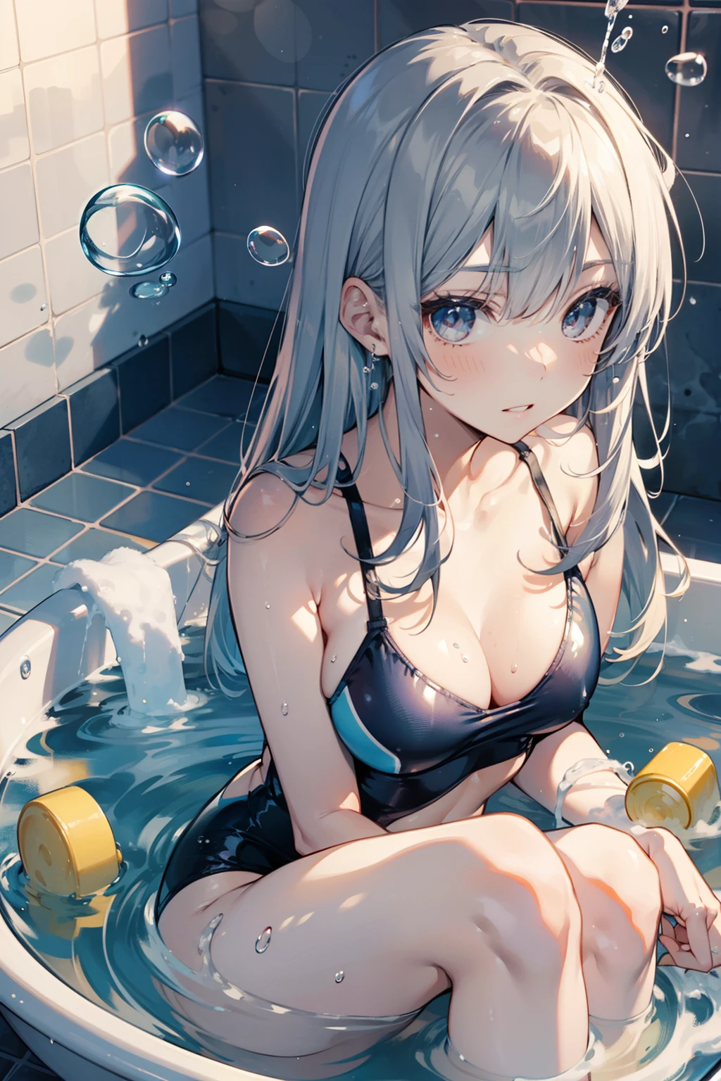 top-quality、Full limbs、complete fingers、Slender beauty、knee high、white school swim suit、Awahime、Naughty Poses、embarrassed from、Embarrassed look、Covered in bubbles、Jacuzzi、Bubble bath、shampoo、bubbling、a shower
