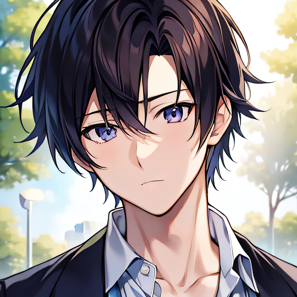 Anime boys，Boy student，Read，The cover of the book has no content，A tree in the background, Guviz-style artwork, Anime portrait of a handsome man, Kawaii realistic portrait, young anime man, Anime style portrait, Anime cute boy, semi realistic anime, Digital anime illustration, Smooth anime CG art, anime realism style, anime portrait, realistic anime artstyle, semi realistic anime，quadratic element，Finger repair