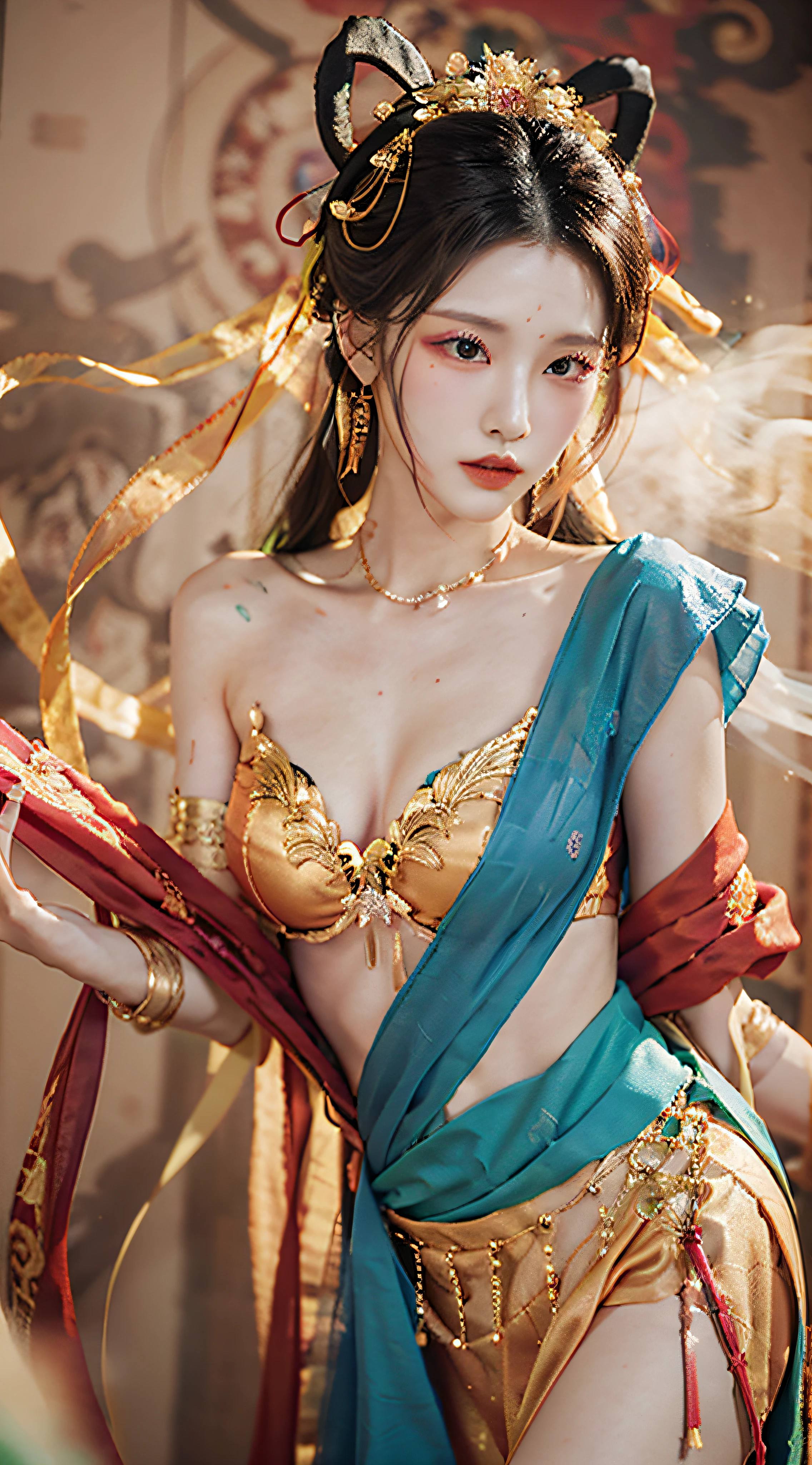（8K，RAW photos，best qualtiy，tmasterpiece：1.2），（realisticlying，Photorealistic and realistic：1.4），（Very detailed CG unity 8K wallpaper），（1个Giant Breast Girl），Dance，dunhuang_dress，dunhuang_Style，dunhuang_Background，[[[on 1 hand only four fingers + 1 thumb]]], Gold ornaments，Ancient Chinese hairstyle，gossamer，Streamers，light make-up，eye shadows，Eyebrow nevi，（confront），dynamicposes，Background smoke surrounding，Red and green color scheme，Petals flying,the detail，jewelry，耳Nipple Ring，bangle，bshoulders，complex texture，Bust，Guqin，lute