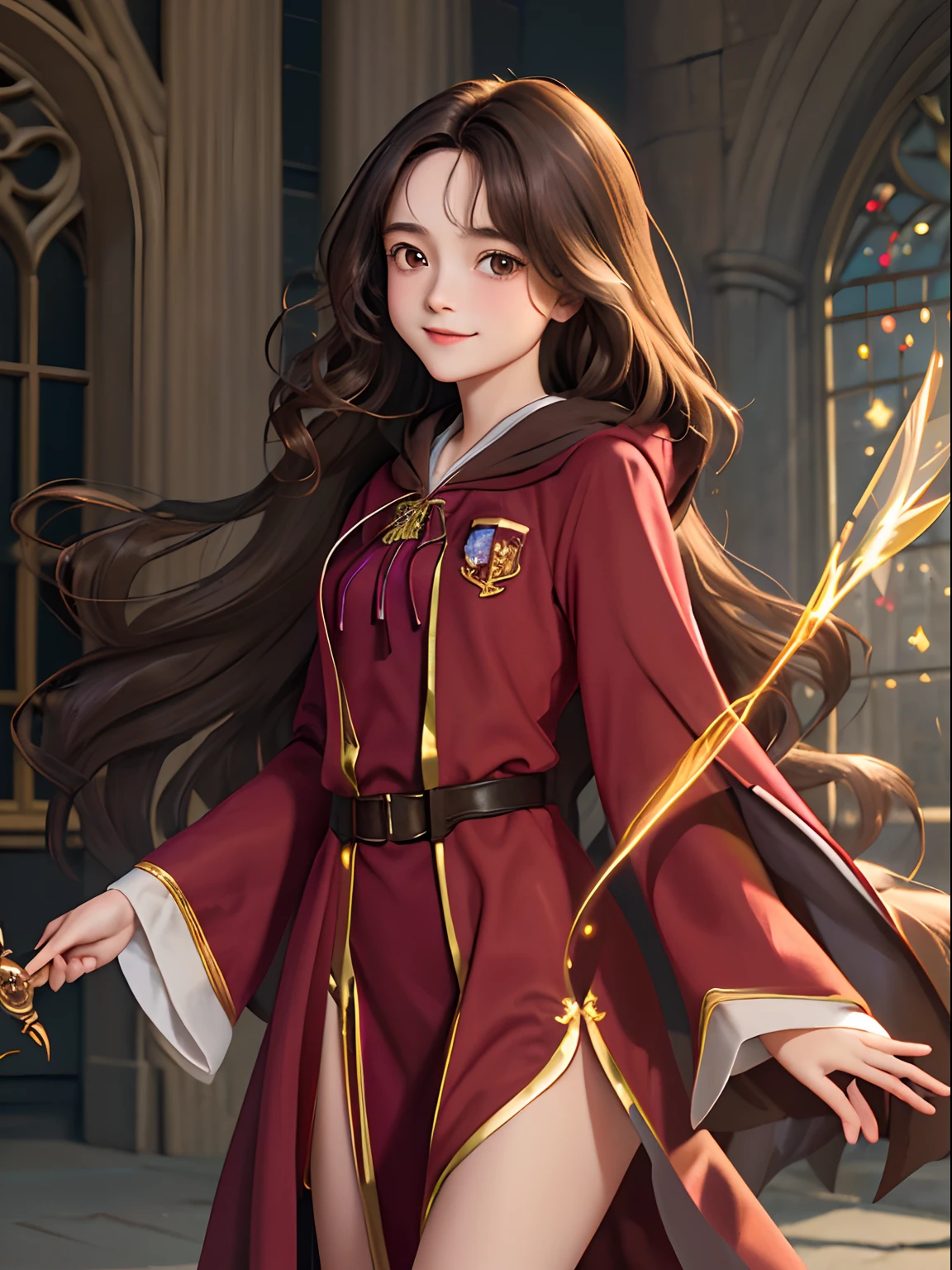 ((masterpiece:1.2), (best quality:1.2), looking at viewer, bare and fair skin,Wizarding world, shimmer reflected on hair, long hair fluttering in the wind, (wavy long hair), hair middle part, energetic , smily, happy , eauropean girl, dark brunette hair, Brown eyes, victorian simple dress, gryffindor, red color, active young girl holding wand, medium B cup breast, charming young lady, Gryffindor robe, harry potter style.