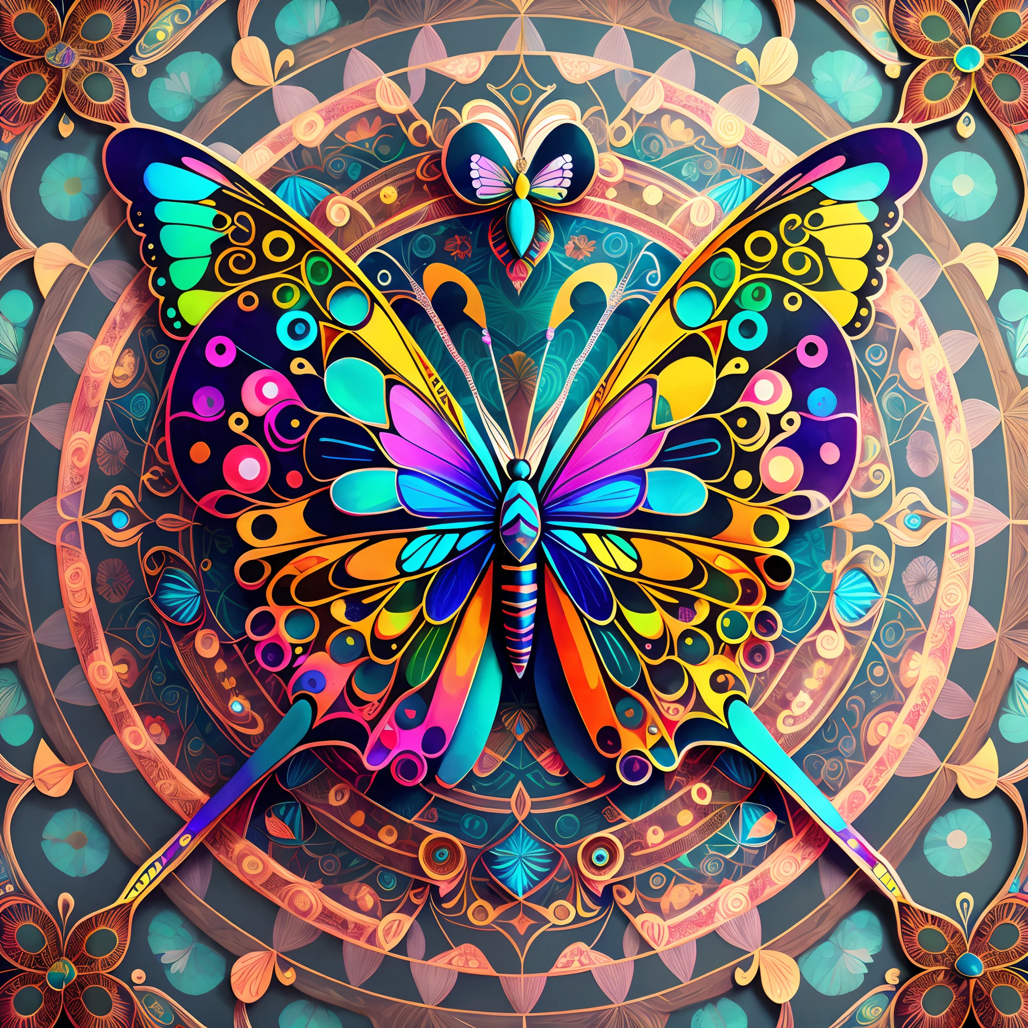 A rare and colorful butterfly, coming out of an electronic and stylized mandala