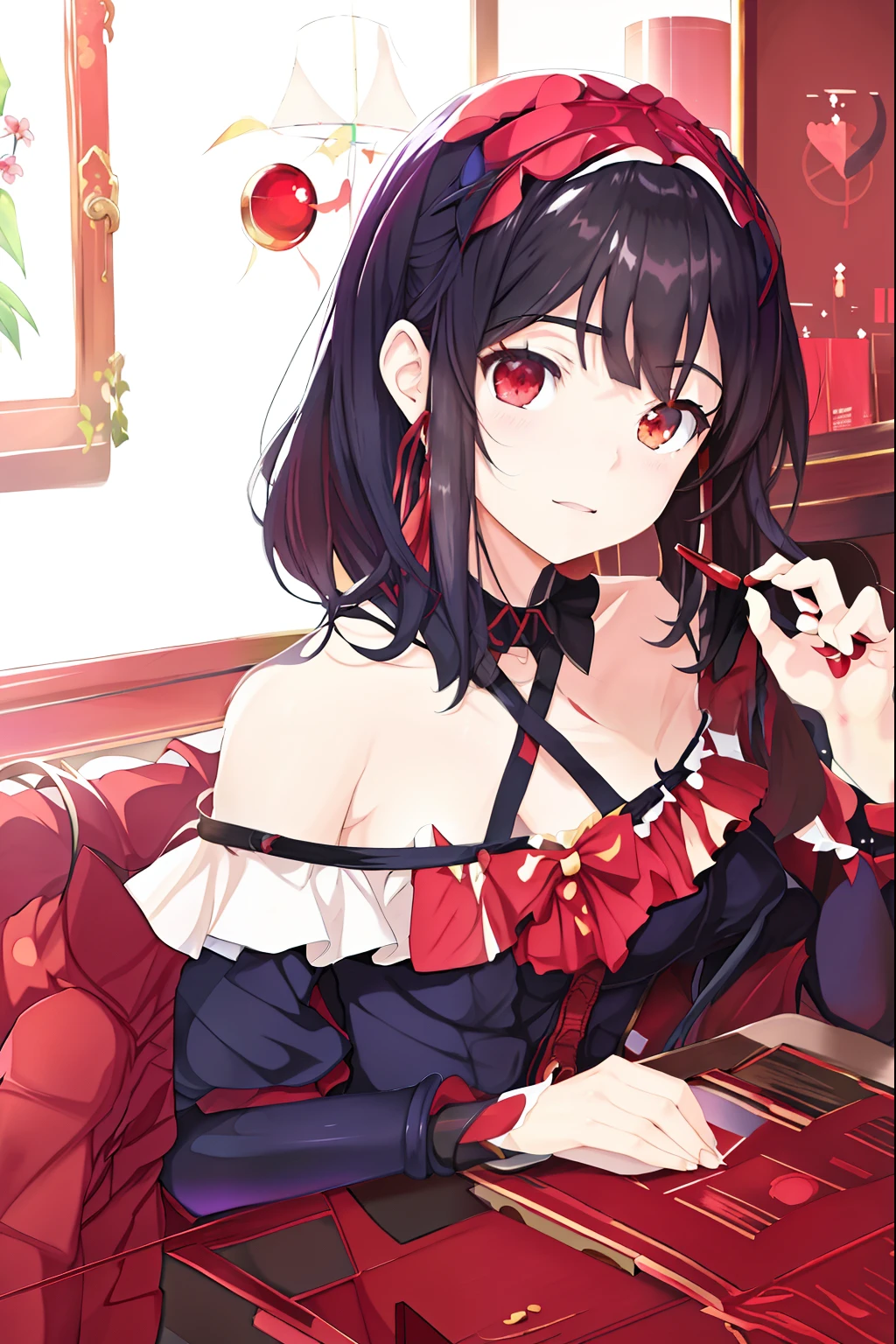 Anime girl with black hair and red dress sitting at table, Seductive Anime Girl, anime moe art style, Detailed Digital Anime Art, Rin Tohsaka, painted in anime painter studio, Portrait of an anime girl, made with anime painter studio, anime girl wearing a black dress, detailed portrait of an anime girl