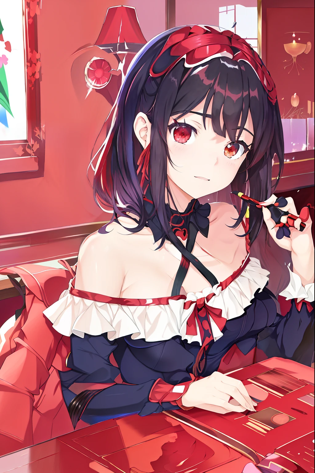 Anime girl with black hair and red dress sitting at table, Seductive Anime Girl, anime moe art style, Detailed Digital Anime Art, Rin Tohsaka, painted in anime painter studio, Portrait of an anime girl, made with anime painter studio, anime girl wearing a black dress, detailed portrait of an anime girl