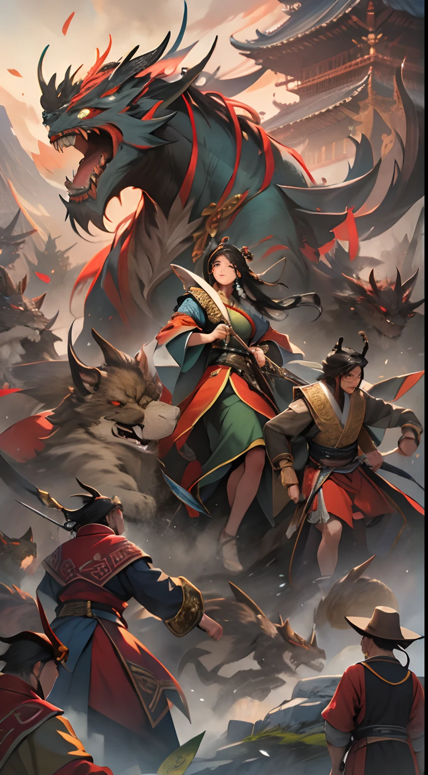 Li Gu quickly retreats and protects Li Xiao Xiao and Li Xin, who are next to the puppet, with all his strength. They all have worried and anxious expressions, surrounded by a dangerous aura, , 32k, best quality, masterpiece, super detail, high details,