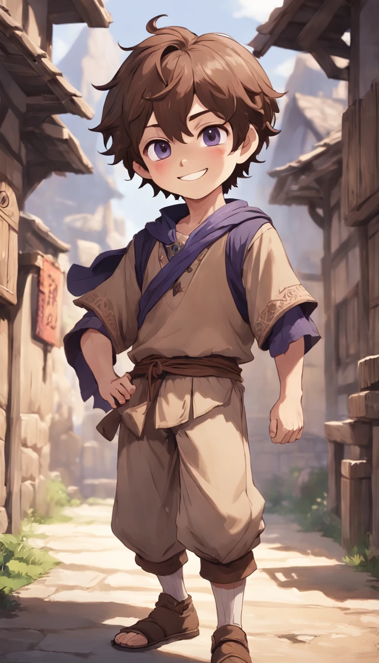 Conan Exiles style, one children (male) (9 years old), Tan skin, 1kid, top rated Pixiv, slim body, long sleeved shirt, brown pants, short wavy brown hair, short hair, violet eyes (Princess eyes), D&D character, Peasant boy, villager , Friendly Smile, slightly sloppy clothes, Medieval Style Clothing, Simple Clothing, Human, Cute Face, Young Face, Skill Picture, Villager Clothes, Mill Village, mischievous smile, playful air
