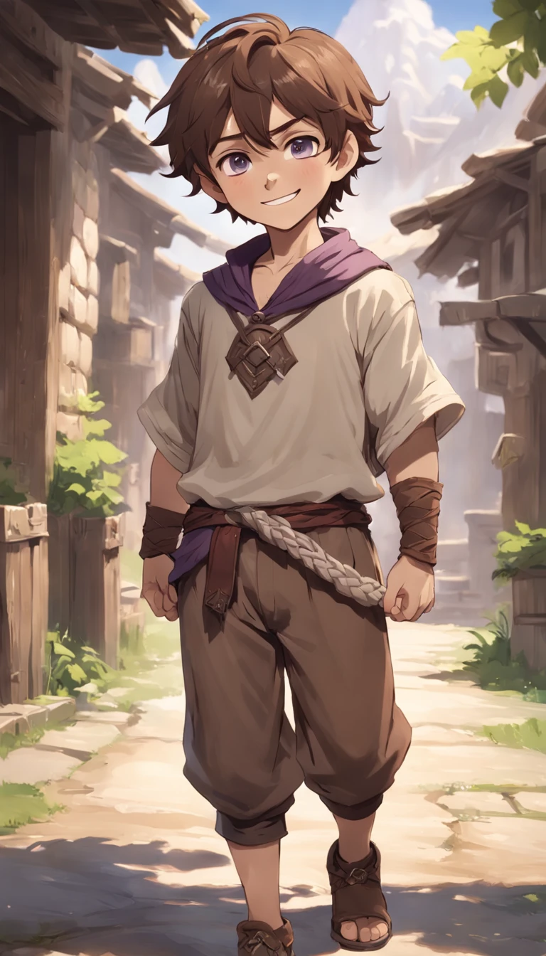 Conan Exiles style, one children (male) (9 years old), Tan skin, 1kid, top rated Pixiv, slim body, long sleeved shirt, brown pants, short wavy brown hair, short hair, violet eyes (Princess eyes), D&D character, Peasant boy, villager , Friendly Smile, slightly sloppy clothes, Medieval Style Clothing, Simple Clothing, Human, Cute Face, Young Face, Skill Picture, Villager Clothes, Mill Village, mischievous smile, playful air