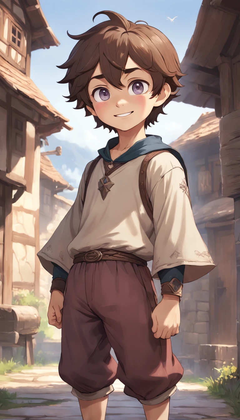 Conan Exiles style, one children (male) (9 years old), Tan skin, 1kid, top rated Pixiv, slim body, long sleeved shirt, brown pants, short wavy brown hair, short hair, violet eyes (Princess eyes), D&D character, Peasant boy, villager , Friendly Smile, slightly sloppy clothes, Medieval Style Clothing, Simple Clothing, Human, Cute Face, Young Face, Skill Picture, Villager Clothes, Mill Village, mischievous smile, playful air