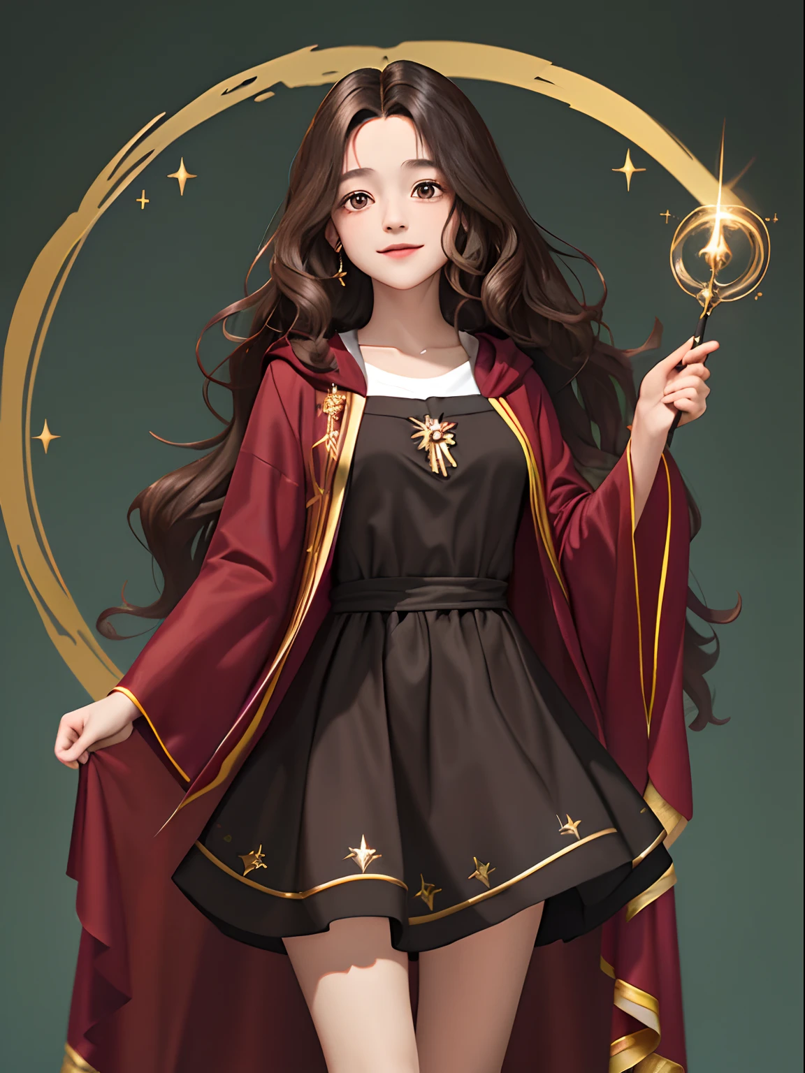 ((masterpiece:1.2), (best quality:1.2), looking at viewer, bare and fair skin,Wizarding world, shimmer reflected on hair, long hair fluttering in the wind, (wavy long hair), hair middle part, energetic , smily, happy , 15 year old eauropean girl, dark brunette hair, Brown eyes, victorian simple dress, gryffindor, red color, active young girl holding wand, medium B cup breast, charming young lady, Gryffindor robe, harry potter style.
