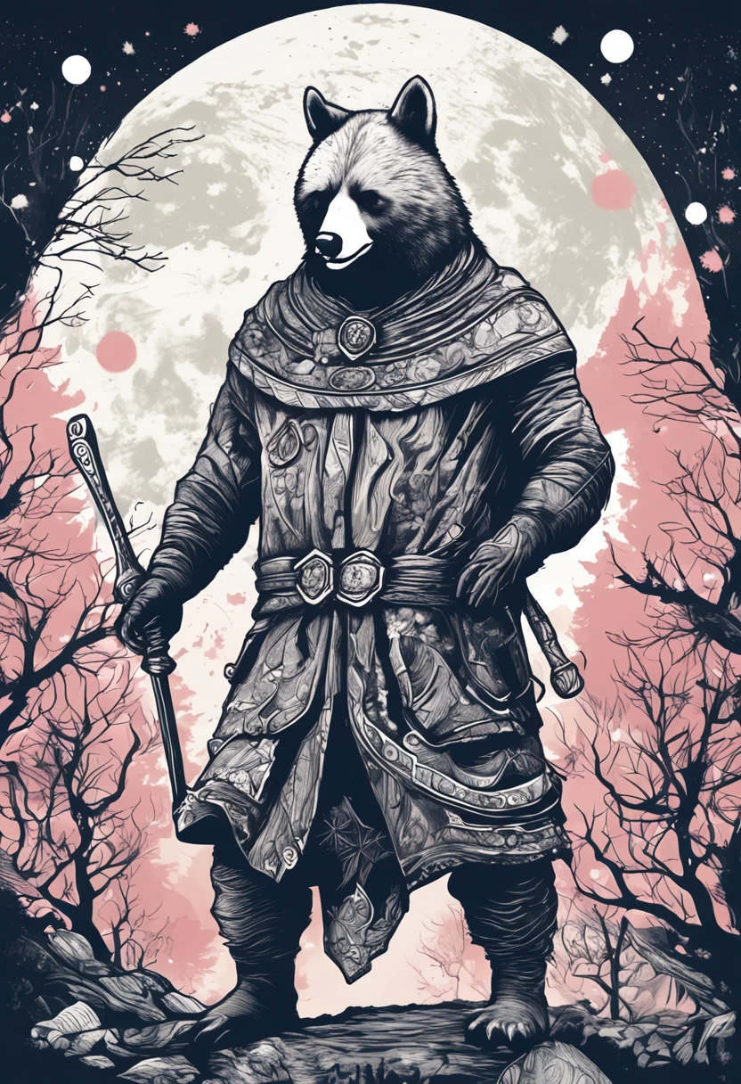 T-shirt graphic design: A detailed illustration:Snow Bear Tree、mont、fullmoon, Warrior, Magic, T-shirt design, CMYK Color, dark magic splash, Dark, ghotic, T-shirt design, In the style of Studio Ghibli, 3D vector art, Cute and quirky, Fantasy Art, Watercolor effect, Bokeh, adobe ilustrator, handdraw, Digital Painting, Low-poly, Soft lighting, Bird's-eye view, Isometric style, retro aesthethic, focused on the character, 4K resolution, photo realistic render, Using Cinema 4D, Trending on ArtStation, Sharp Focus, studio photo, Intricate details, Highly detailed, By Greg Rutkowski