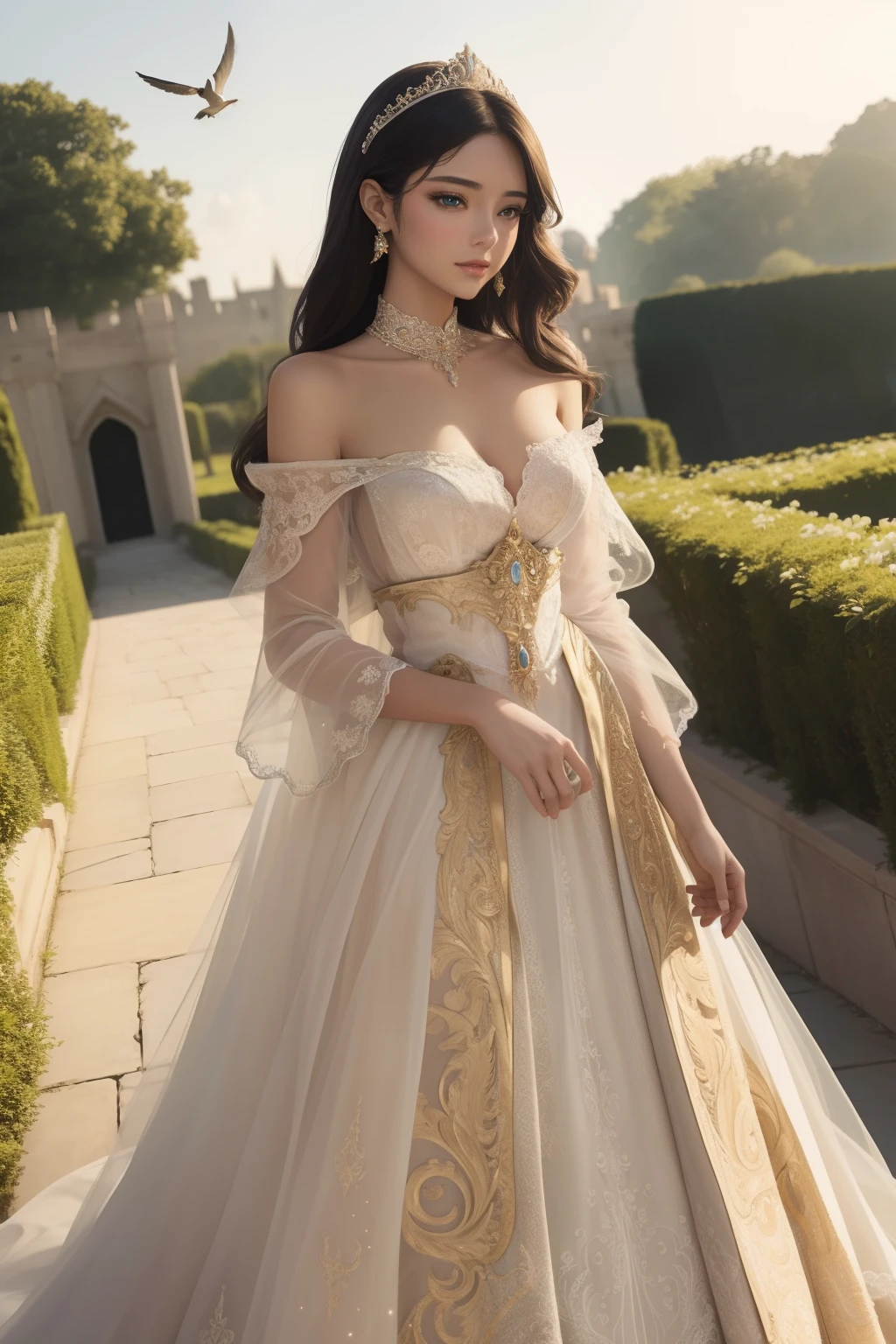 ((top-quality、masterpiece、photographrealistic:1.4、8K))、Beautuful Women、delicate and beautiful face、(Luxury dresses in the style of medieval Europe、Princess)、Luxury Accessories、(Princess is gracefully walking through the garden、A magnificent castle rises behind。)、a bird、Skysky、Cinematic lighting、Textured skin、Super Detail、high detailing、High quality、hight resolution