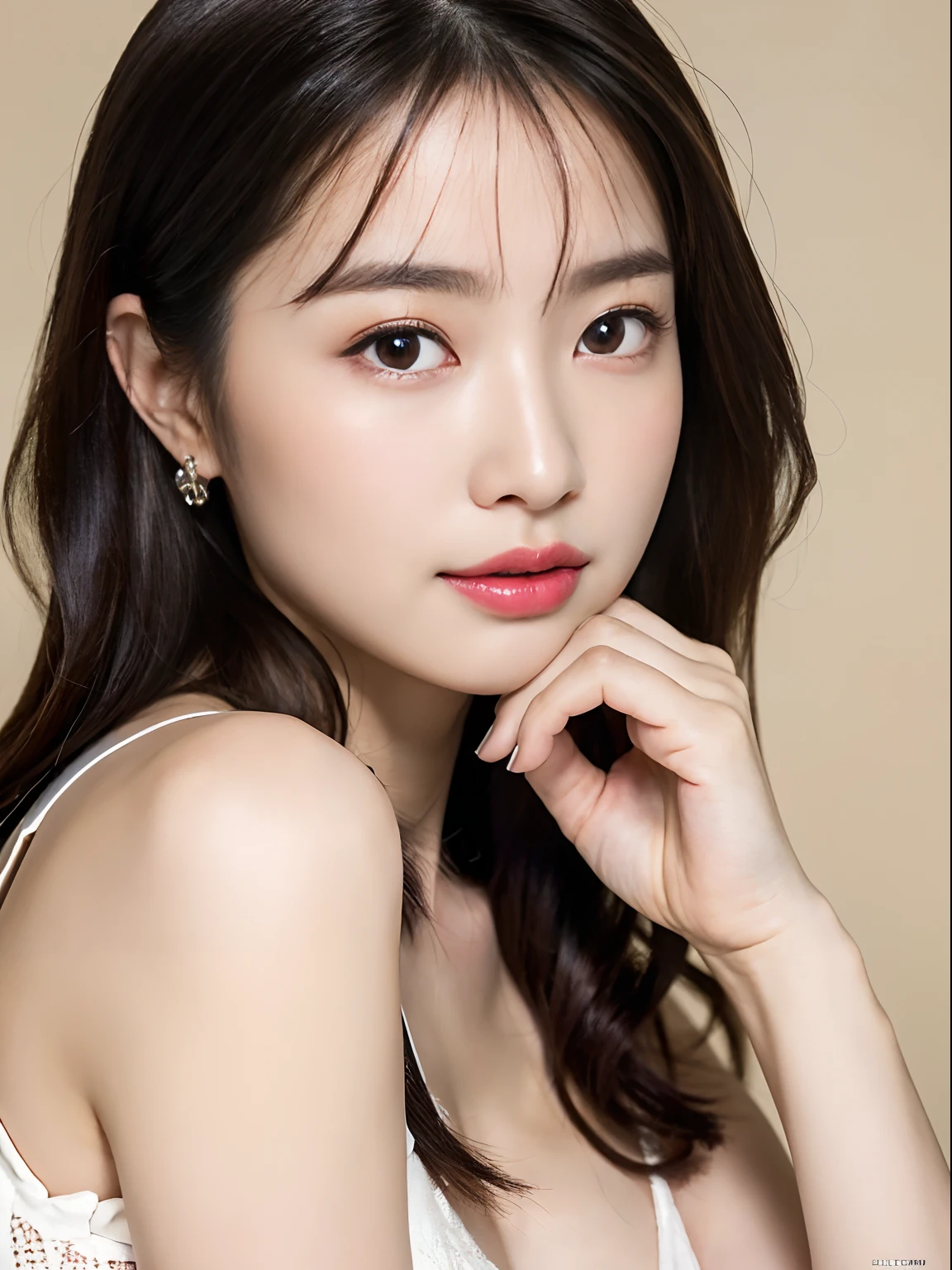 (8KRaw photography、top-quality、masuter piece:1.2)、ultra-detailliert、ultra res、(realisitic、rialistic photo:1.37)、portlate、high-definition RAW color photography、Professional Photography、highly detailed and beautiful、ighly detailed、8KImage wallpaper、amazing detailed、huge filesize、Official art、Highly detailed CG Unity 8KWallpapers of、highly detailed beautiful girl、extra detailed face、extremely detailed eye、highlydetailed skin、extremely detailed fingers、highly detailed nose、very detailed detailed mouth、Perfect Anatomy、细致背景、女の子1人、(20:1.2)、10 generations、Cute little girl s、Realistic body、de pele branca、glistning skin、Handsome body、A dark-haired、kawaii、kawaii faces、Lifelike face、Delicate eyes、Sauce order、Looking at the camera、Placing your hands on your face facing the front、(Highly detailed white skin)、bustshot、bangss、with round face、smil、Fat