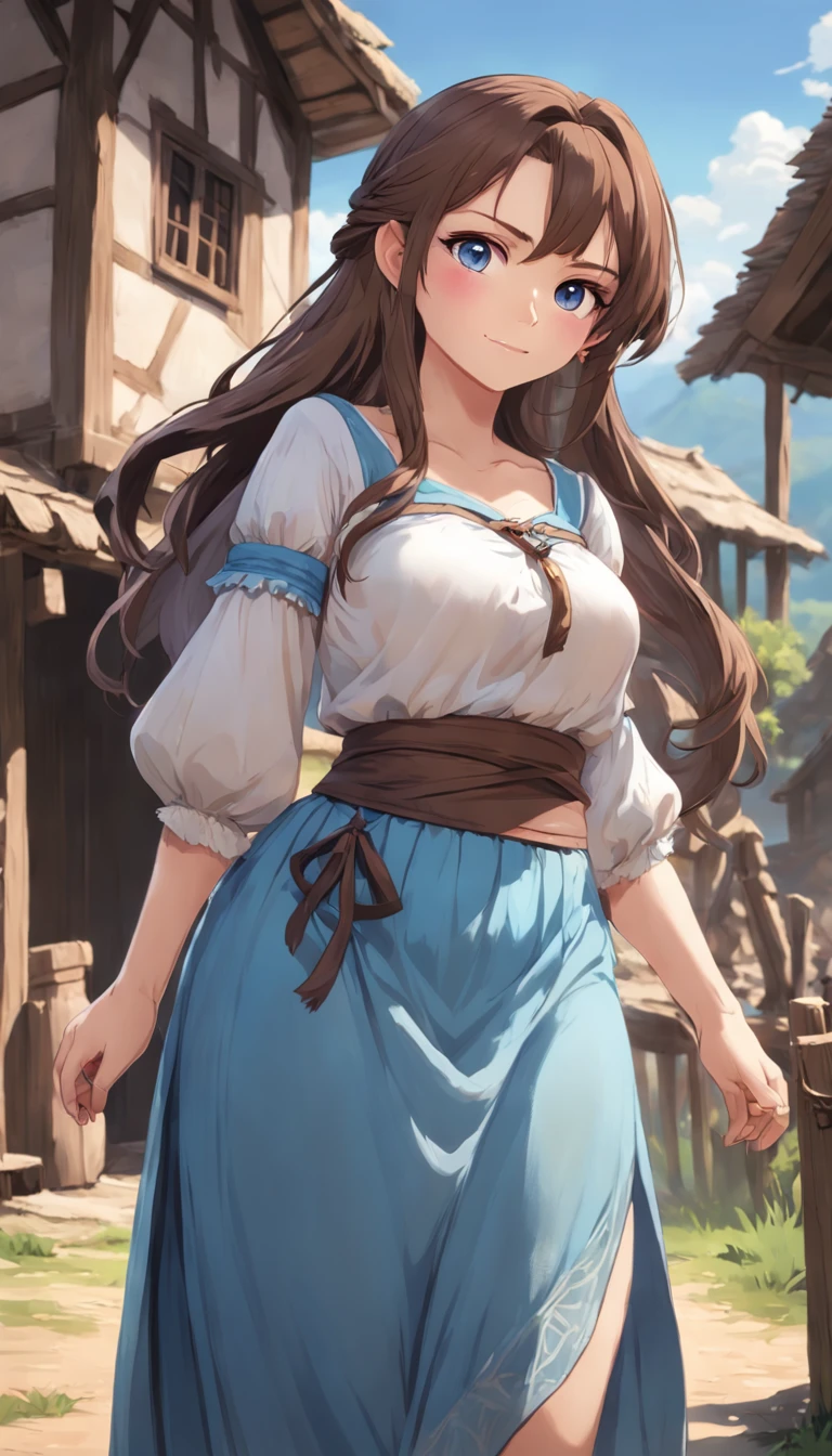Conan Exiles Style, young female (), top rated pixiv, statuesque body, (hourglass figure) voluptuous bust, narrow waist, wide hips, princess face, smile, long wavy brown hair, violet eyes (princess eyes ), D&D character, peasant girl, village girl, long sky blue skirt, fabric clothes, (((long skirt))), low cut shirt, highlighted bust, medieval style dress, simple clothing, human, beautiful face, young face, image of skill, village girl clothes, kind expression, kind, beautiful young lady, village with a mill in the background, seductive, waifu