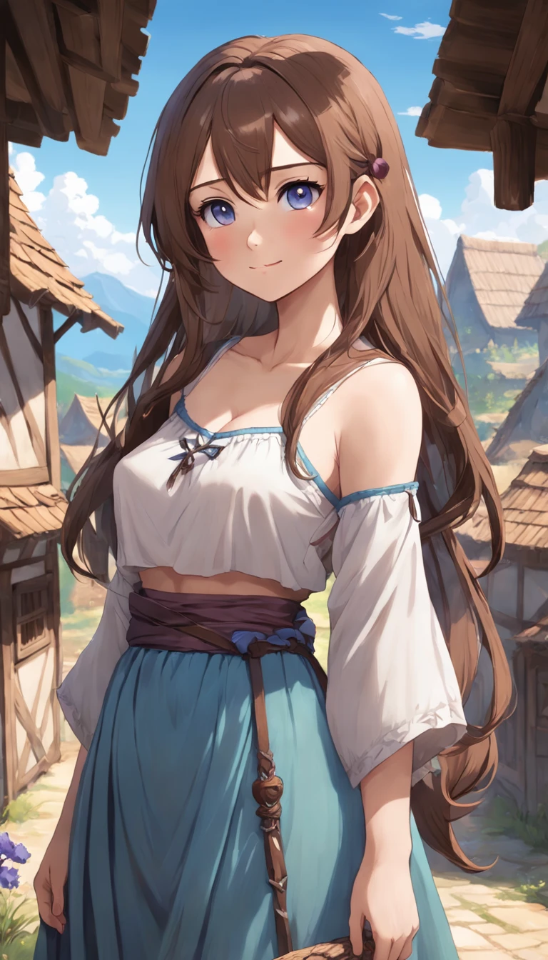 Conan Exiles Style, young female (************), top rated pixiv, statuesque body, (hourglass figure) voluptuous bust, narrow waist, wide hips, princess face, smile, long wavy brown hair, violet eyes (princess eyes ), D&D character, peasant girl, village girl, long sky blue skirt, fabric clothes, (((long skirt))), low cut shirt, highlighted bust, medieval style dress, simple clothing, human, beautiful face, young face, image of skill, village girl clothes, kind expression, kind, beautiful young lady, village with a mill in the background, seductive, waifu