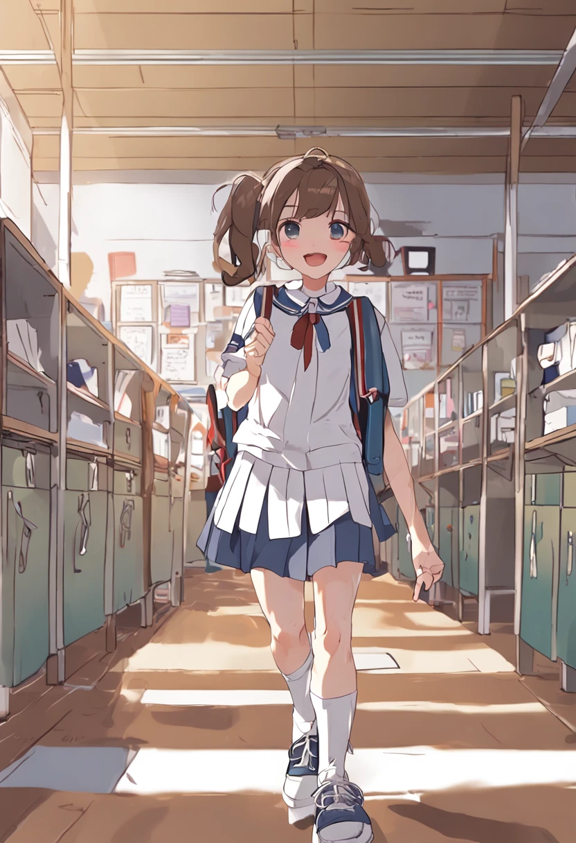 top-quality, Hi-Res, ((((((Girl In School Corridor)))))), 独奏, ((((((School uniform with a little paint)))))), (((((Skirt with a little paint))))), (((((Brown hair))))), sockes, serafuku, Purple pupils, neckerchief, sailor collar, pleatedskirt, white sock, (((Shorthair))), a blue skirt, shortsleeves、Blue Sailor Color, Blue neckerchief, tilt of the head, Aquaneckerchief, cowboy  shot,a smile,((((((Paint is on clothes)))))),Well-formed face,pretty eyes,(((((Clean hair and face)))))、(((very smiling)))、kawaii