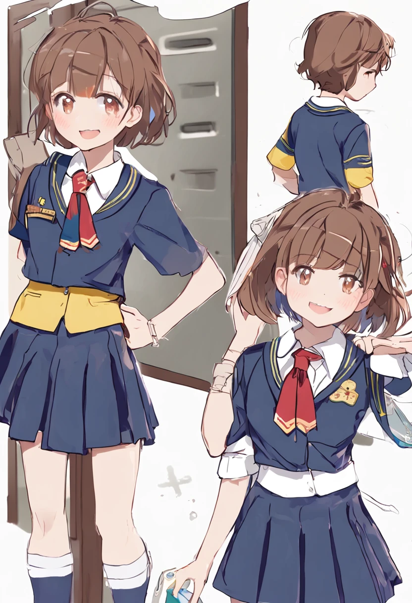 top-quality, Hi-Res, ((((((Girl In School Corridor)))))), 独奏, ((((((School uniform with a little paint)))))), (((((Skirt with a little paint))))), (((((Brown hair))))), sockes, serafuku, Purple pupils, neckerchief, sailor collar, pleatedskirt, white sock, (((Shorthair))), a blue skirt, shortsleeves、Blue Sailor Color, Blue neckerchief, tilt of the head, Aquaneckerchief, cowboy  shot,a smile,((((((Paint is on clothes)))))),Well-formed face,pretty eyes,(((((Clean hair and face)))))、(((very smiling)))、kawaii