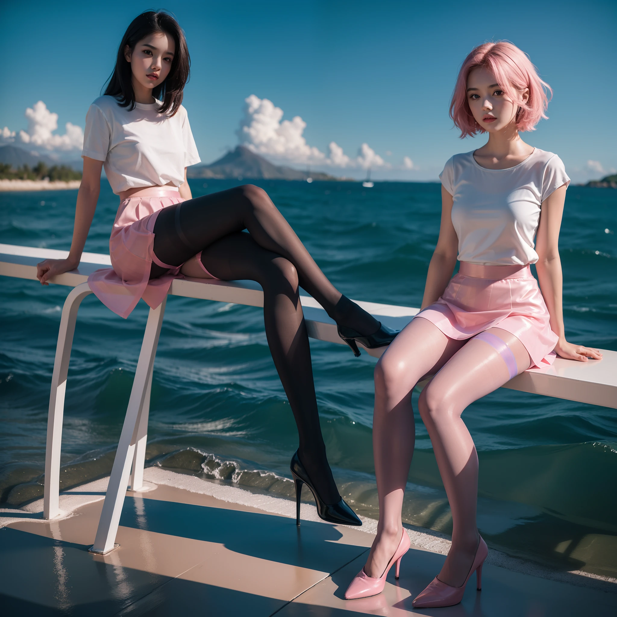 (full body:1.5)，((1girl):1.4),(view the viewer:1.4)，(anatomy correct:1.3),(Sitting on the sea:1.2),(A pink and blue Elastic skirt :1.2),((Pantyhose):1.3),( girl pointed thick heels :1.1)，(Accurate and perfect face:1.3),hyper HD, Ray traching, reflective light， structurally correct, Award-Awarded, high detail, lighten shade contrast, Face lighting ，cinematic lighting, masterpiece, super detailing, high quality, high detail, best quality, 16k，High contrast,