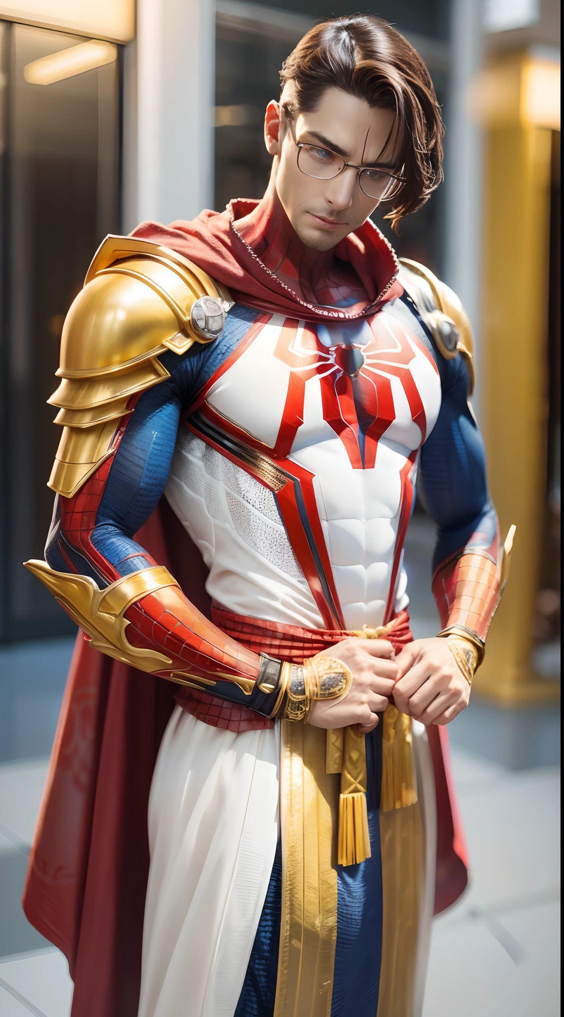 a closeup of a statue of a man with a gold and gold costume, super detailed render, 3 d render character art 8 k, intricate white and red armor, full samurai armor spiderman, iconic character of high detail, 8k render", octane render, "octane render", super detailed octane render, super render in octane render, hyper detailed 3 d render, Futuristic Spider-Man Style
