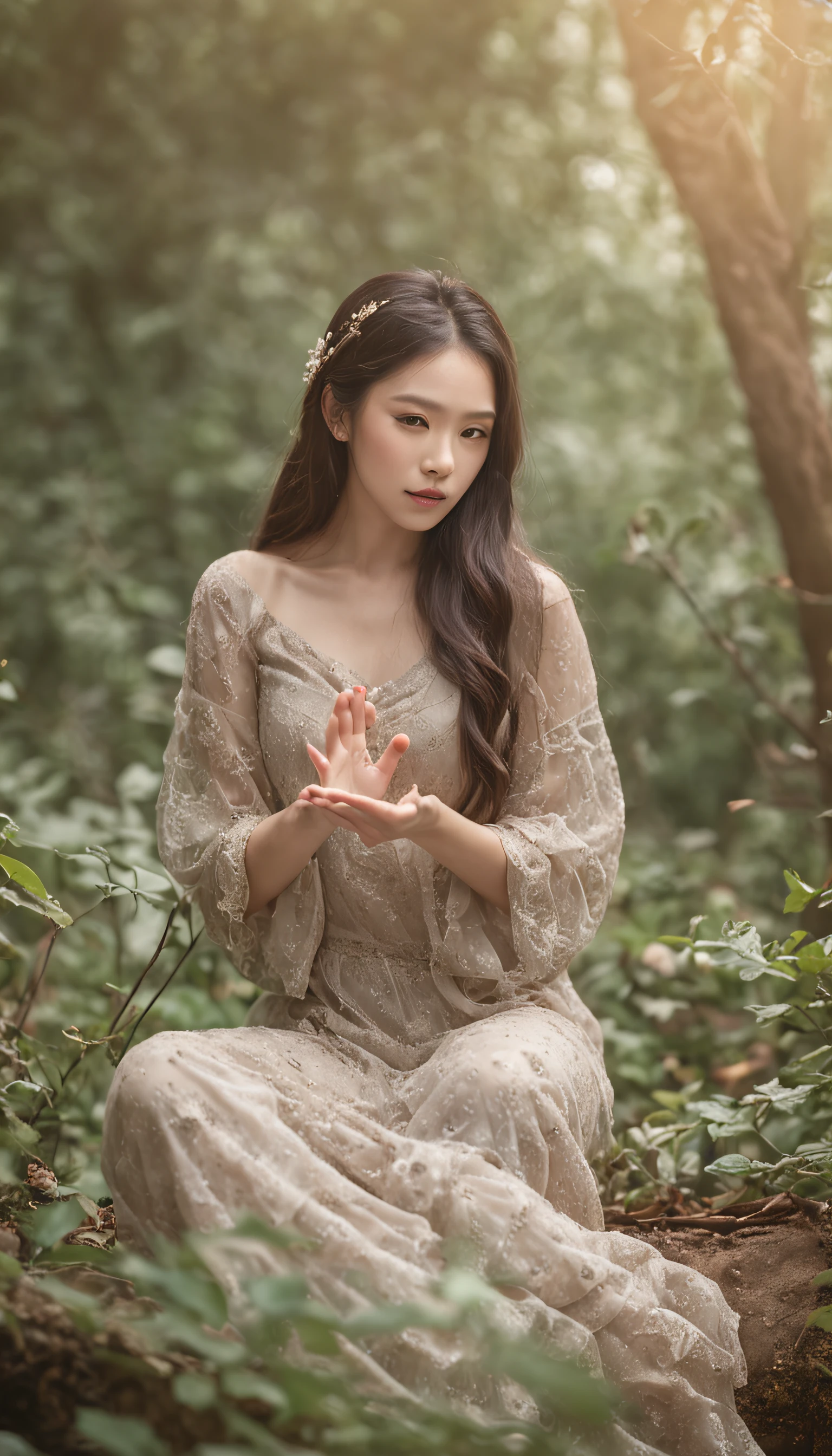 Nuwa's creativity shines with infinite possibilities,She is shaping a mysterious and beautiful world。Please create a unique picture for me,In this picture,Nuwa uses her unique gestures to show magical power,Her fairy spirit and wisdom flow in the picture。Please add stunning details to this photo,Make it a true masterpiece of art,Fine face。