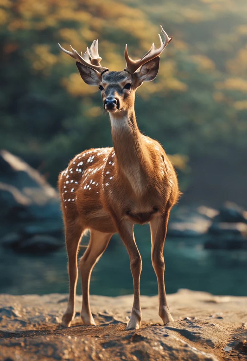 A Nara deer mutated by nuclear wastewater contamination，Standing on the sea，Roar madly at the Japanese island，Hideous-looking，super detailing，8k,