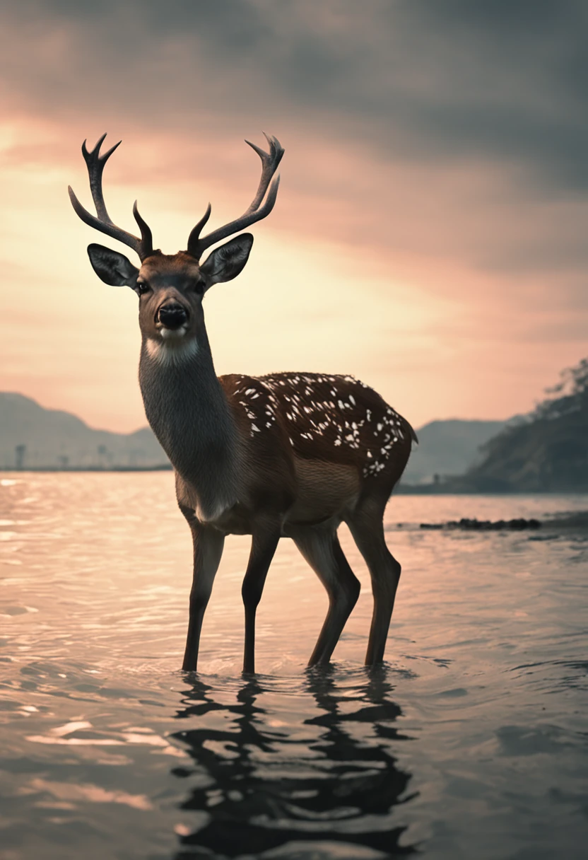 A Nara deer mutated by nuclear wastewater contamination，Standing on the sea，Roar madly at the Japanese island，Hideous-looking，super detailing，8k,