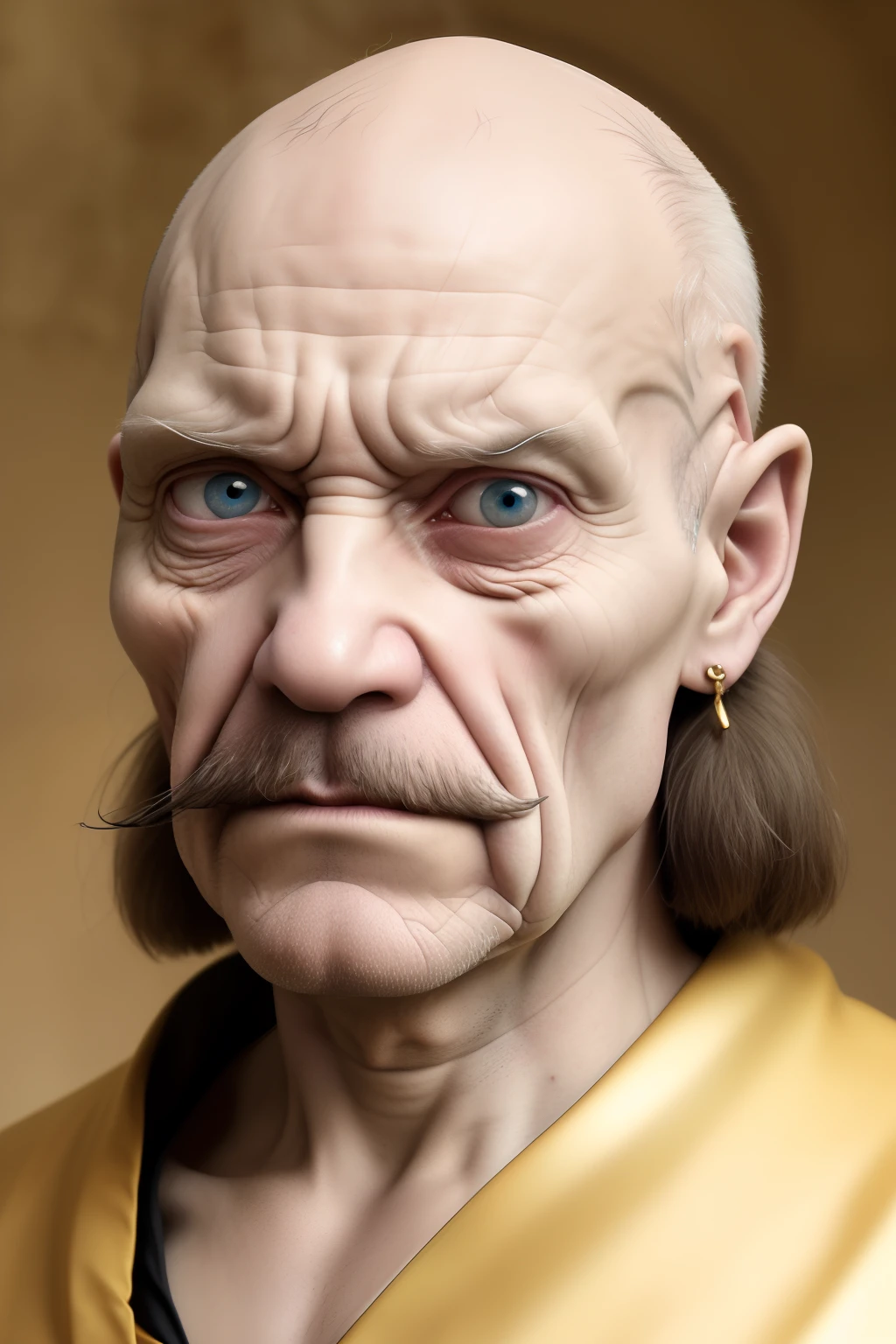 wrinkled old man, emaciated, demonic, regard dur, piercing gaze, angry look, grosse moustache blanche, bushy mustache with thick hair, calvitie, long hair on the sides, very long and wavy white hair, portant des boucles d'oreilles en or, Golden ring earrings, anneaux aux oreilles, severe baldness on the top of the skull, no hair on top of the head, The top of his skull is a glass dome through which we see his brain, barbe naissante, very dented nose, very bright blue eyes