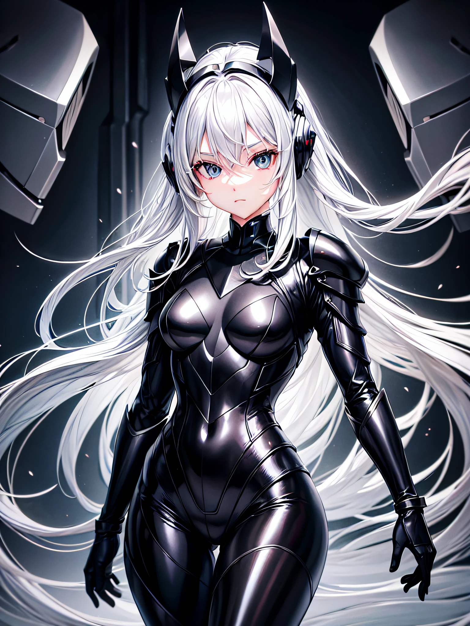 8K UHD、Silver-haired and small-nosed beauty in a black shiny black full-body rider suit wearing a black full-face helmet that covers the entire head is standing with her legs open facing the front、Wearing shiny black armor、Upper Body Up