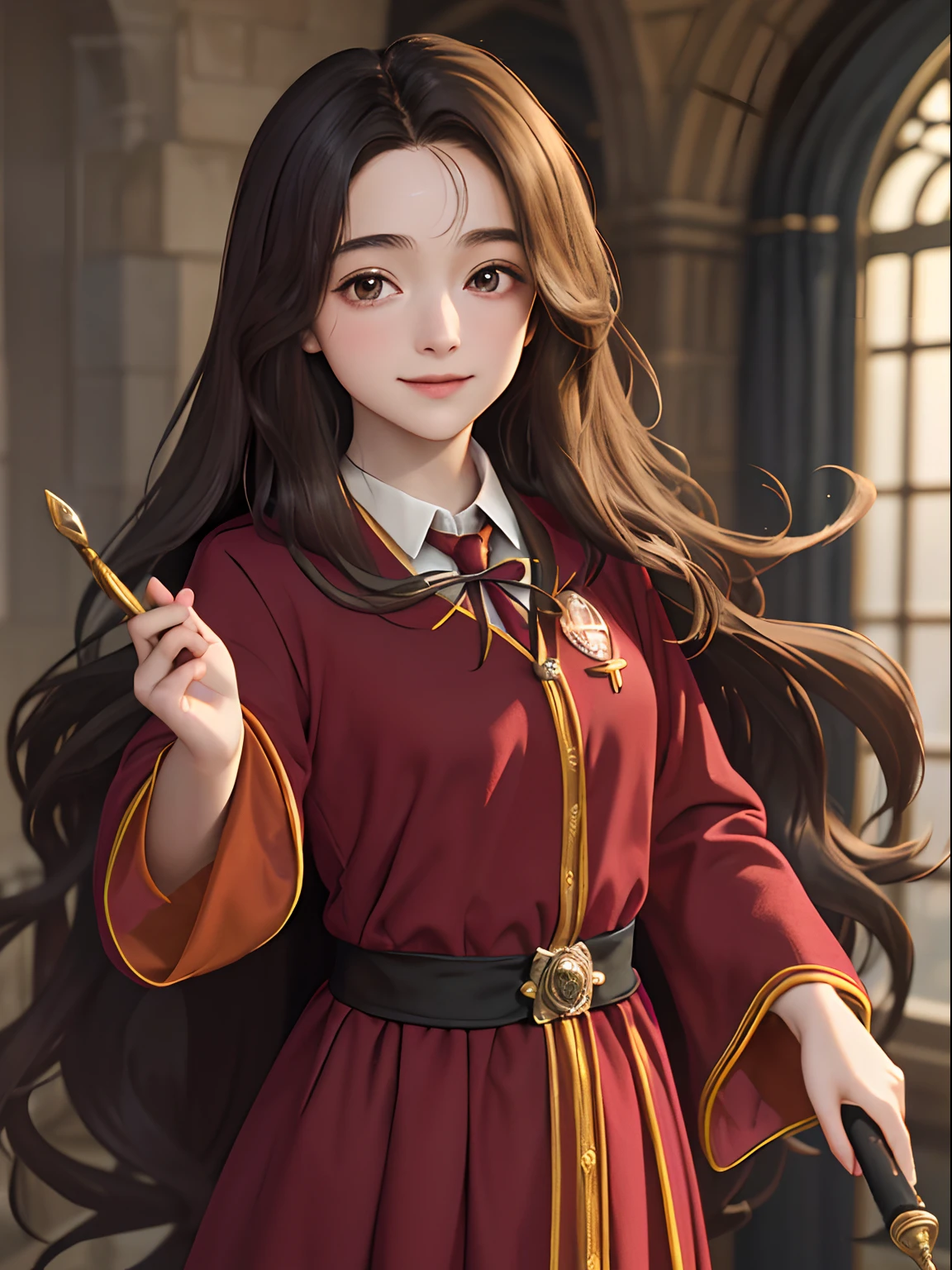 ((masterpiece:1.2), (best quality:1.2), looking at viewer, bare and fair skin,Wizarding world, shimmer reflected on hair, long hair fluttering in the wind, (wavy long hair), hair middle part, energetic , smily, happy ,  eauropean girl, dark brunette hair, Brown eyes, victorian simple dress, gryffindor, red color, active young girl holding wand, medium B cup breast, charming young lady, Gryffindor robe, harry potter style.