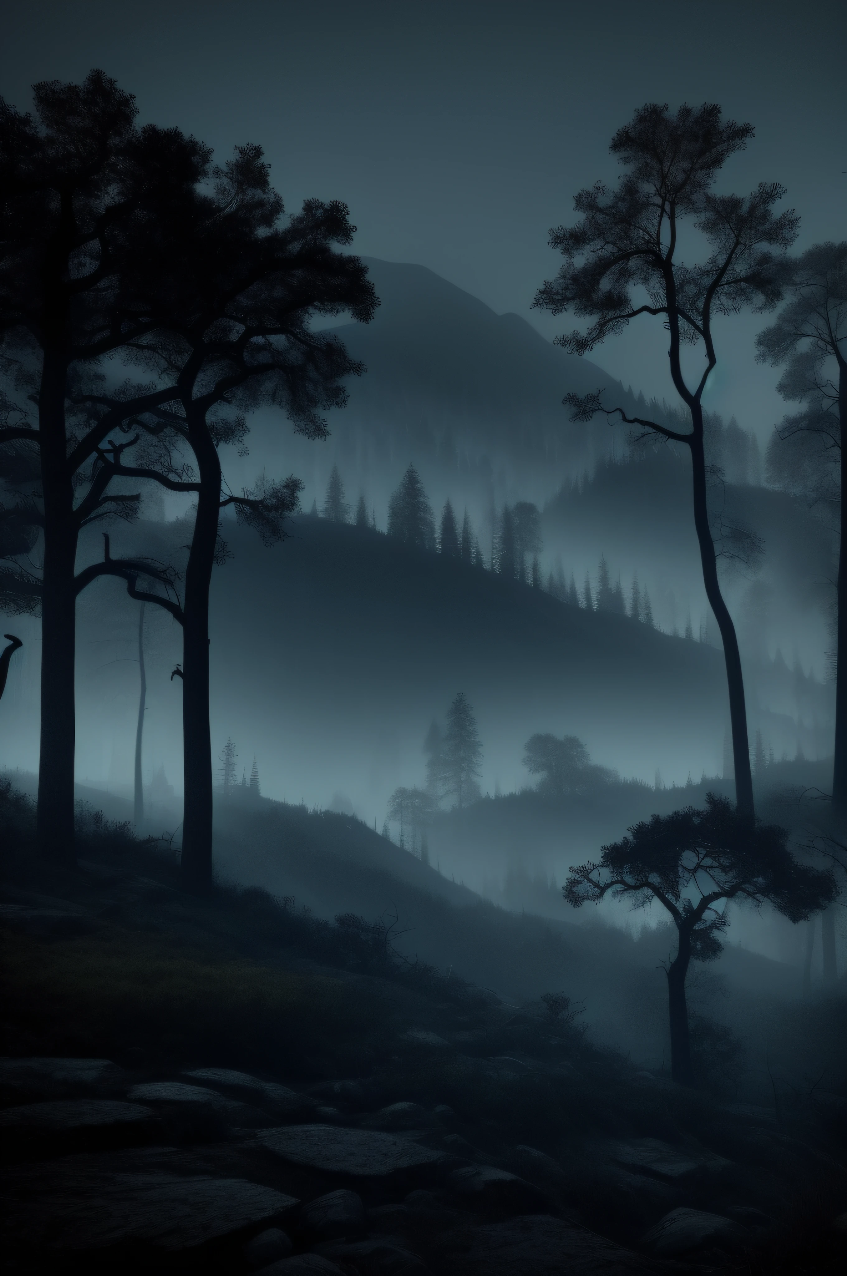 a valley with dense trees, night, gloomy, spooky, high contrast, ultra detailed, 8k