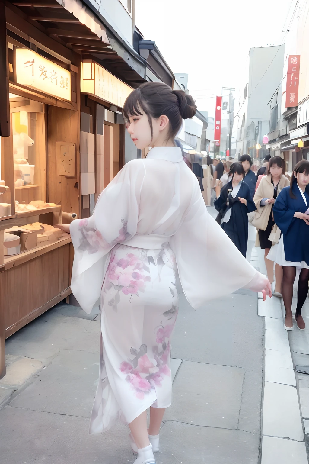 Woman in kimono walking in front of bakery, Walk gracefully in a white kimono with prints、Young Russian woman wearing glasses、Female in her 20s living in Russia、Girl with brown hair、Girl with gray eyes、in a tokyo street, wearing a haori, In the streets of Tokyo, Wearing a colorful yukata, Wearing kimono, japanese street, in front of ramen shop, old japanese street market, Wearing Hakama, in a kimono, japanese downtown, tokyo izakaya scene、Tourists are walking in front of them、(incredively_absurderes,Huge_filesize:1.37),(​masterpiece:1.37),(top-quality:1.37),(realisitic,Photorealsitic:1.2),Ray traching,Realistic lighting,(illuminations,Glow),((film grains:1.37)),(Exquisite details and textures:1.2),(8K分辨率:1.2),(ultra -detail:1.2),(Sharp Focus 1.2),(Raw photography:1.0),(ulzzang -6500-v1.1:1.2),(Beautiful Detail Face、Beautiful Detail Eye、 radiant eyes、long eyeslashes、blush of the nose:1.2)、mix4、JWY1,20d、Brown hair、Gray eyes、((((perfect anatomia))))、viewer、full body Esbian、Ceremony、1girl in、独奏、a beauty girl、(Neat hairstyles)、High class、(A slender:1.37)、(Other knee socks:1.2)、(Beauty slim legs:1.15)、(cute  face)、(Natural glowing skin:1)、(、(Detailed natural skin、detailed skin textures、Detailed brown hair、Gray eyes rendered in detail、Random Hair Styles)、Facial light、(ciinematic light)、lensflare、Shade、Back lighting