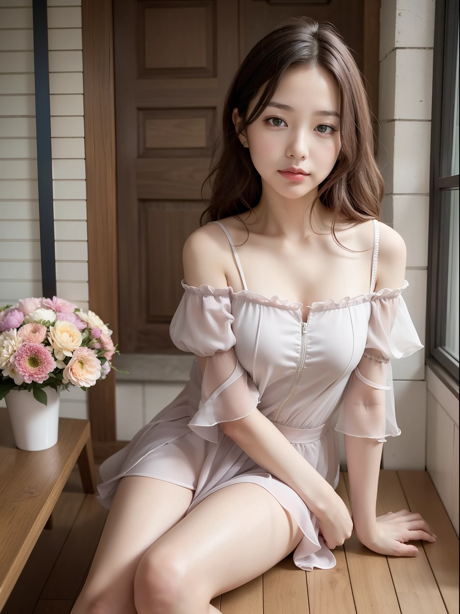 ((of the highest quality, 8K, masutepiece: 1.3, Raw photo)), Sharp Focus: 1.2, (1 AESPA Girl :1.1), Solo, (Realistic, Photorealistic: 1.37), (Face Focus: 1.1), Cute face, hyperdetailed face, brunette short messy hair, Small Smile, slender, nude, (Off-the-shoulder chiffon dress: 1.2), check skirt, (Sitting with one knee up: 1.3), cafe, panties, flower, dahlia