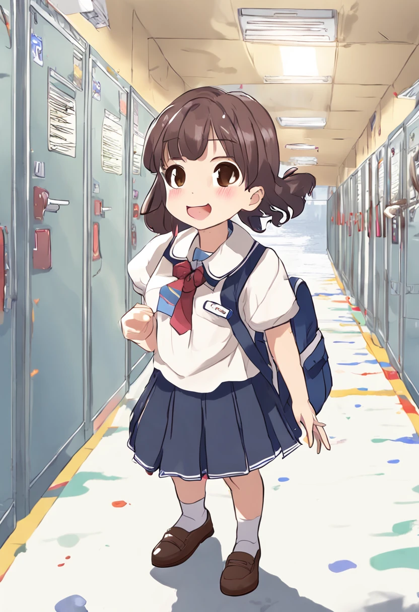 top-quality, Hi-Res, ((((((Girl In School Corridor)))))), 独奏, ((((((School uniform with a little paint)))))), (((((Skirt with a little paint))))), (((((Brown hair))))), sockes, serafuku, Purple pupils, neckerchief, sailor collar, pleatedskirt, white sock, (((Shorthair))), a blue skirt, shortsleeves、Blue Sailor Color, Blue neckerchief, tilt of the head, Aquaneckerchief,a smile,((((((Paint is on clothes)))))),Well-formed face,pretty eyes,(((((Clean hair and face)))))、(((very smiling)))、kawaii