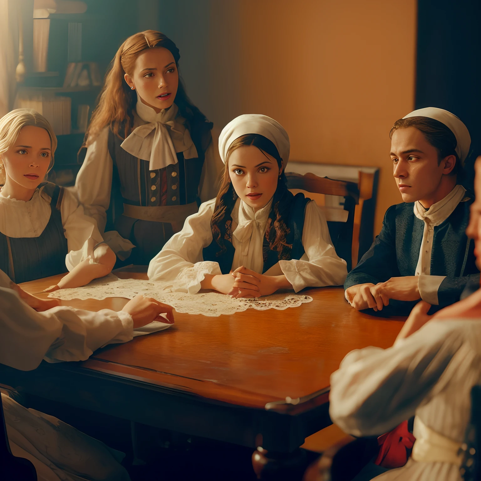 several girls in period dress sitting around a table with a man, ainda de um filme live action, A Spiritist Session, inspirado em Georges de La Tour, cena do filme, kramskoi 4 mil, ainda do filme, ainda do filme, cena de um filme, ainda de um filme, cena do filme live action, historicamente preciso