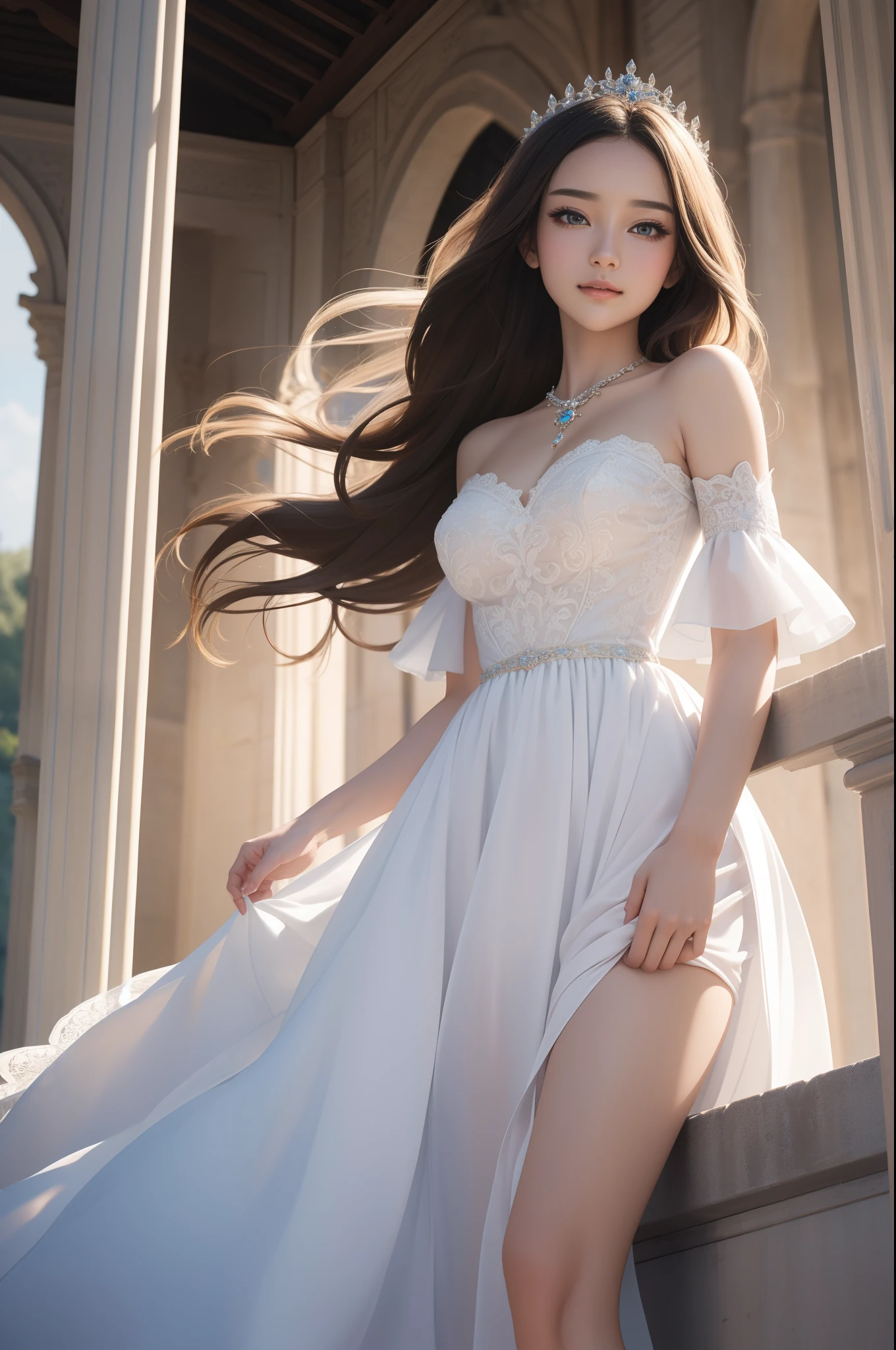 ((top-quality、masterpiece、photographrealistic:1.4、8K))、1 beautiful detailed girl、extremely detailed eye and face、beatiful detailed eyes、(Complex and elegant dress in the style of medieval Europe、Princess)、Luxury Accessories、Elegant smile、natta(Draw a scene of a princess standing on the balcony of a castle under the moon。Hair swaying in the wind and dresses complement her noble vibe。)、Cinematic lighting、Textured skin、Super Detail、high detailing、High quality、hight resolution、(looking at the viewers)