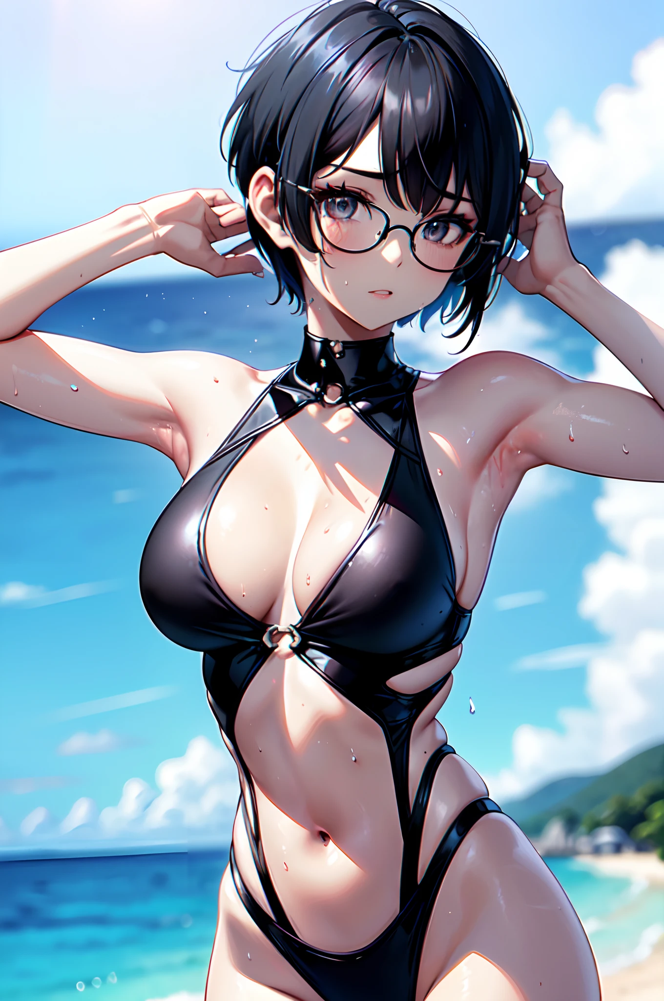 transcendently beautiful girl, BREAK, big mouth open and laughing, long eyelashes, makeup, (pixie cut hair), (black hair, short shaved sides, very short back, very short side, under cut, side cut:1.3), (flat_chest, huge_breasts, wide_hips), BREAK, (glasses), (Sweat), (Leotard Swimsuit Exposing Cleavage and Navel), (bare limbs), summer, sandy beach, Masterpiece, best quality, captures a super cute moment, depth of field, ultra detailed, ultra high resolution, C4D, Octadale, 3D modeling, 8k, 16k,