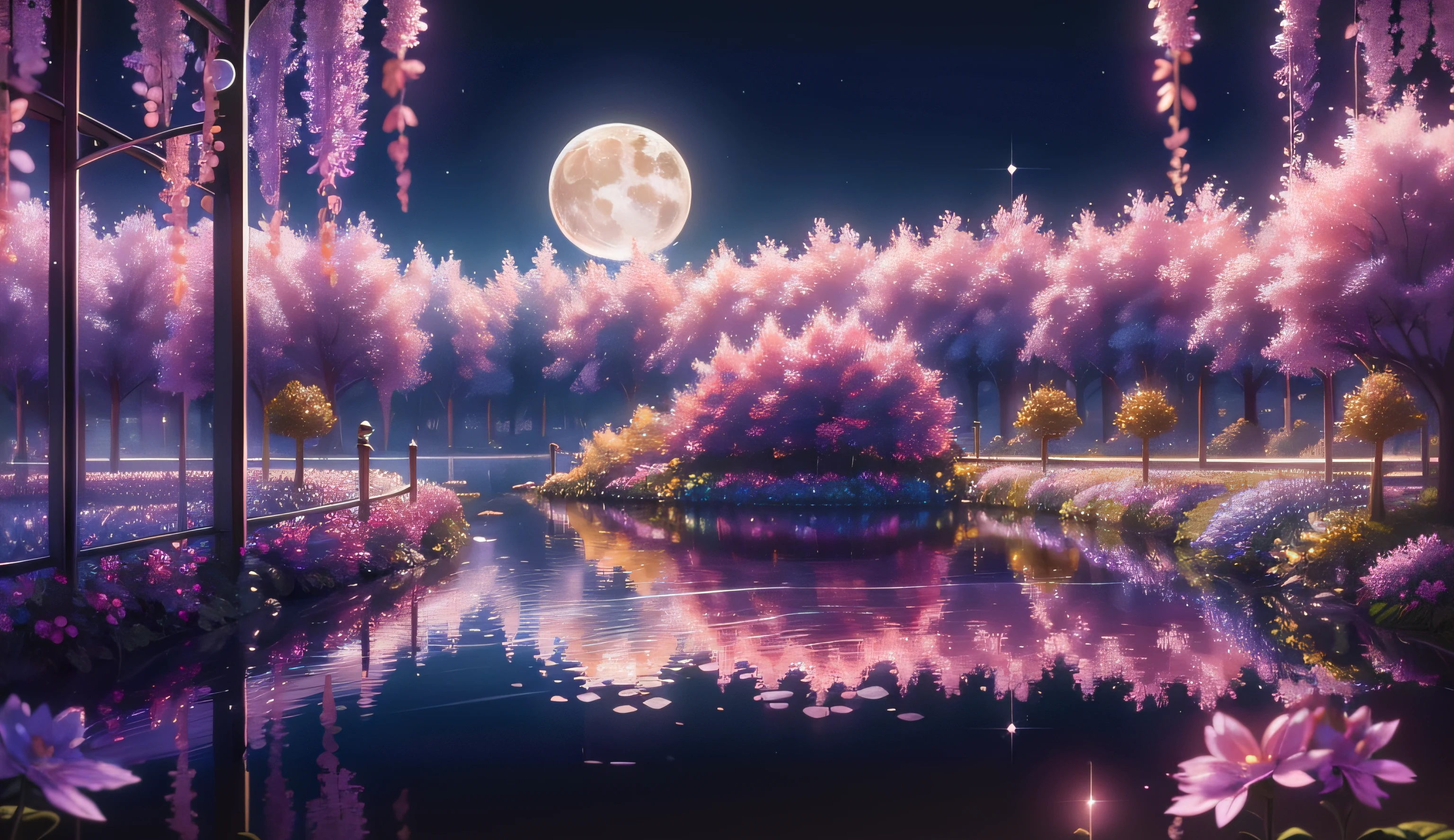 Purple flowers and trees are in the park of the full moon, 8k high quality detailed art, beautiful art uhd 4 k, anime beautiful peace scene, 4K highly detailed digital art, background artwork, Anime Background Art, moonlit night dreamy atmosphere, anime lush john 8k woods, beautiful moonlight night, anime art wallpaper 4k, anime art wallpaper 4k