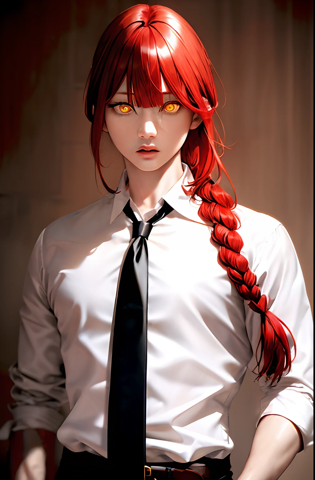 masterpiece, (photorealistic:1.4), best quality, beautiful lighting,
(ulzzang-6500:0.5), makima \(chainsaw man\), (red hair)+(long braided hair)+(bangs), yellow eyes, golden eyes, ((ringed eyes)), (white shirt), (necktie),
RAW photo, 8k uhd, film grain