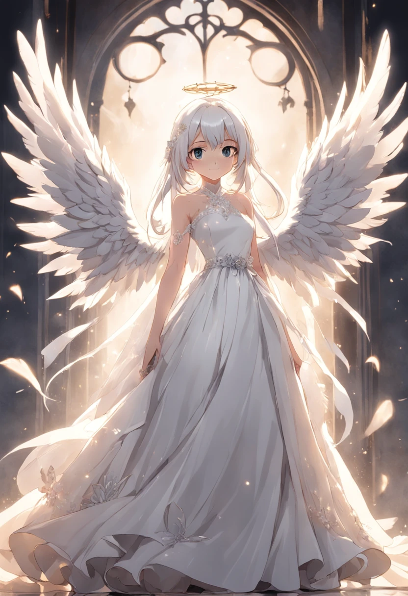 Full body white wedding dress ，A girl smiled sideways，An angel flashes in the background，The feathers slowly fell