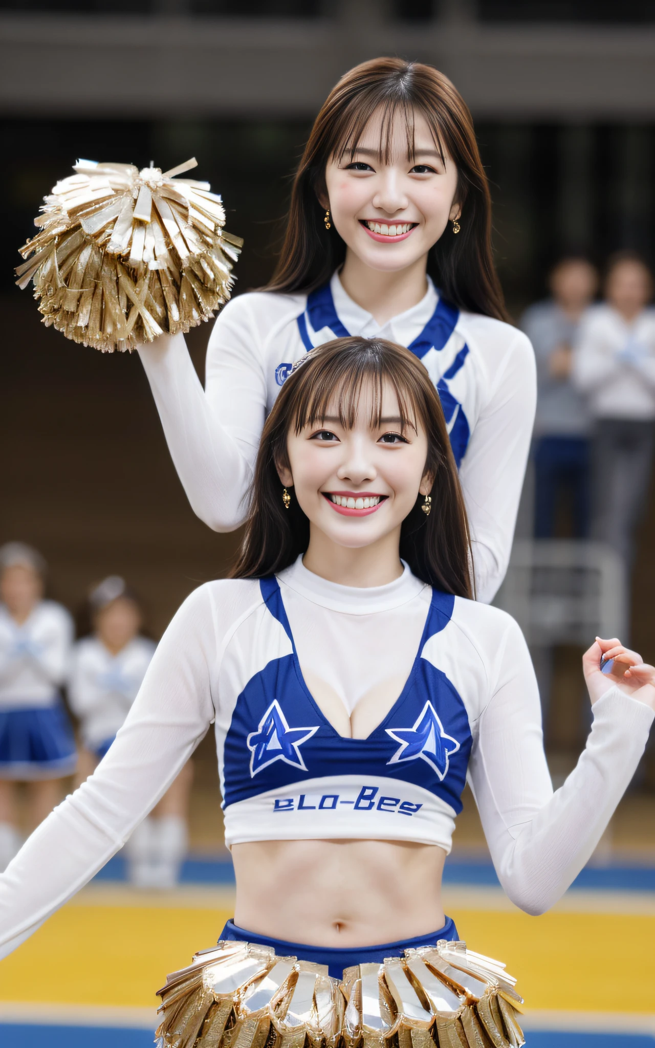 (((Draw only one woman:2)))、((Cheerleaders dancing at the basketball venue:1.5))、((She wears an elaborately designed cheerleader costume.:1.8))、beautiful 16 year old woman、((1 screen))、8K、RAW shot、highest quality photos、masterpiece、nice realistic pictures、(( anatomically correct proportions : 1.5))、((perfect proportions))、((A cute woman who looks like a beautiful Japanese idol))、((small head))、detailed face、detailed eyes、narrow nose、(detailed fingers: 1.2)、detailed arms、detailed skin、detailed legs、(slim style)、((thin waist))、(Medium udder)、(Cheerleader costume with elaborate tank top design:1.5)、(sweaty body:1.2)、(sweaty hair:1.2)、(Cheerleader costume with bold design that shines when wet:1.3)、(Holding pom-poms in both hands:1.5)、(dance with a happy smile:1.2)