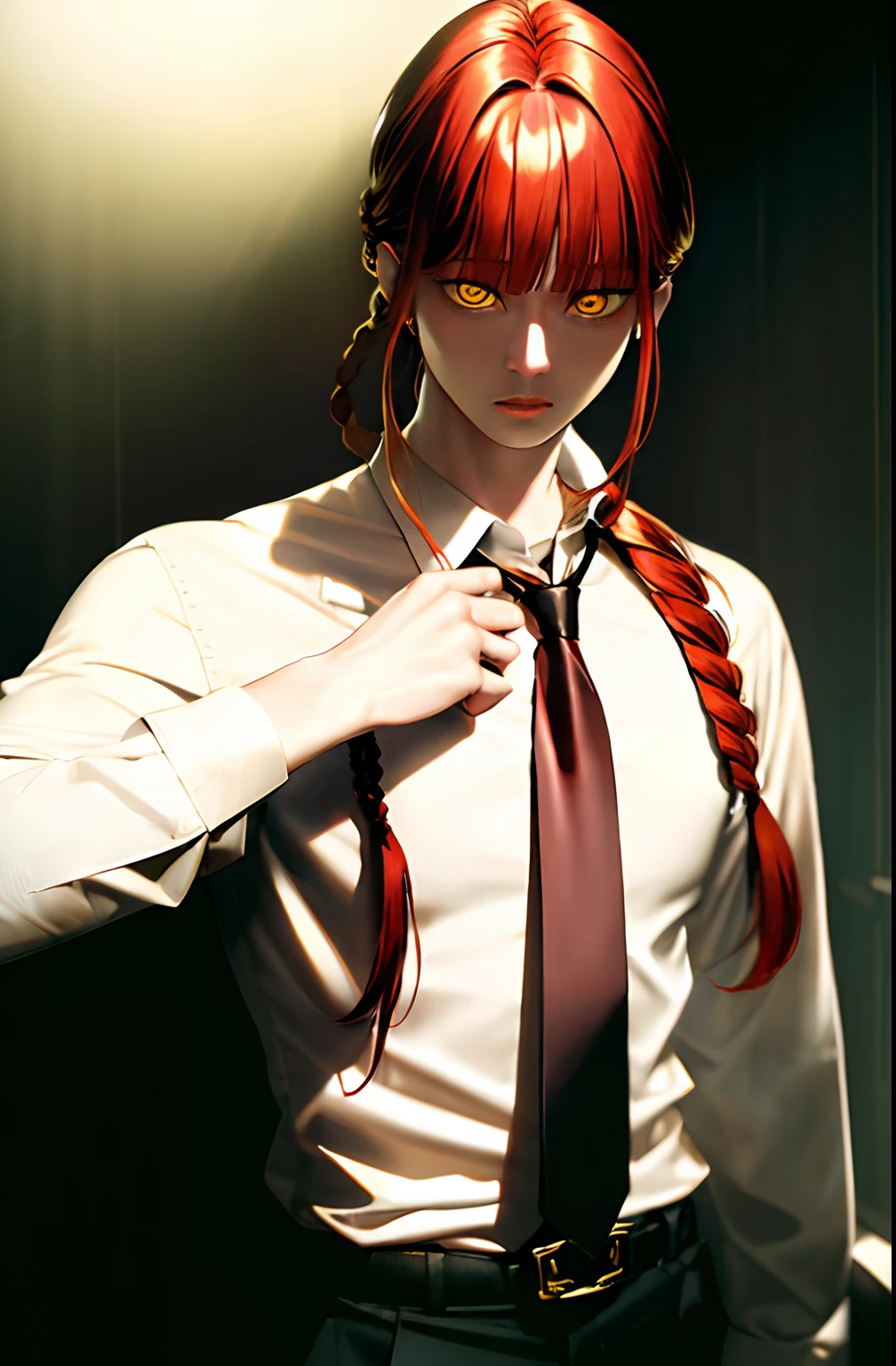 masterpiece, (photorealistic:1.4), best quality, beautiful lighting,
(ulzzang-6500:0.5), makima \(chainsaw man\), (red hair)+(long braided hair)+(bangs), yellow eyes, golden eyes, ((ringed eyes)), (white shirt), (necktie),
RAW photo, 8k uhd, film grain