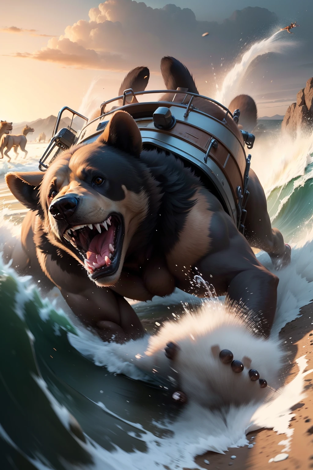 Samo bear desperately fleeing chased by a pack of wild dogs
