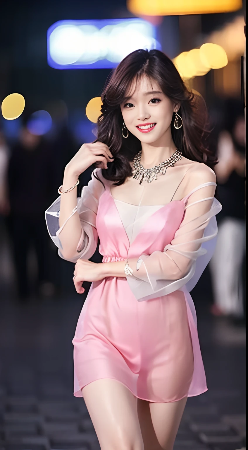 8K, masutepiece, Raw photo, Best Quality, Photorealistic, Highly detailed CG Unity 8K wallpaper, depth of fields, Cinematic Light, Lens Flare, Ray tracing, (Extremely beautiful face, Beautiful lips, Beautiful eyes), intricate detail face, ((Ultra detailed skin)) 1girl in, In the Dark, deepshadow, Pretty Korean girl, Kpop Idol, 1 girl, (Very slim and slender fit muscular body:1.3), ((Looking at Viewer)),(Big smile:1.3), (Fashion City Night, a dark night, (Neon sign), (Blurred background), Fashion Street Night),(No people in the background:1.3), Beautiful earrings, Bracelets, Necklace, pantyhose, Clear eyes, Walking, (pale skin), (Big eyes), Face forward, ((FULL BODYSHOT)), ((Thin sheer silk hot pink color mini dress)),(Brown hairs), (see through), (Looking at Viewer:1.3) opened breast, Very slim, medium breasts, see through, (Camel toe)