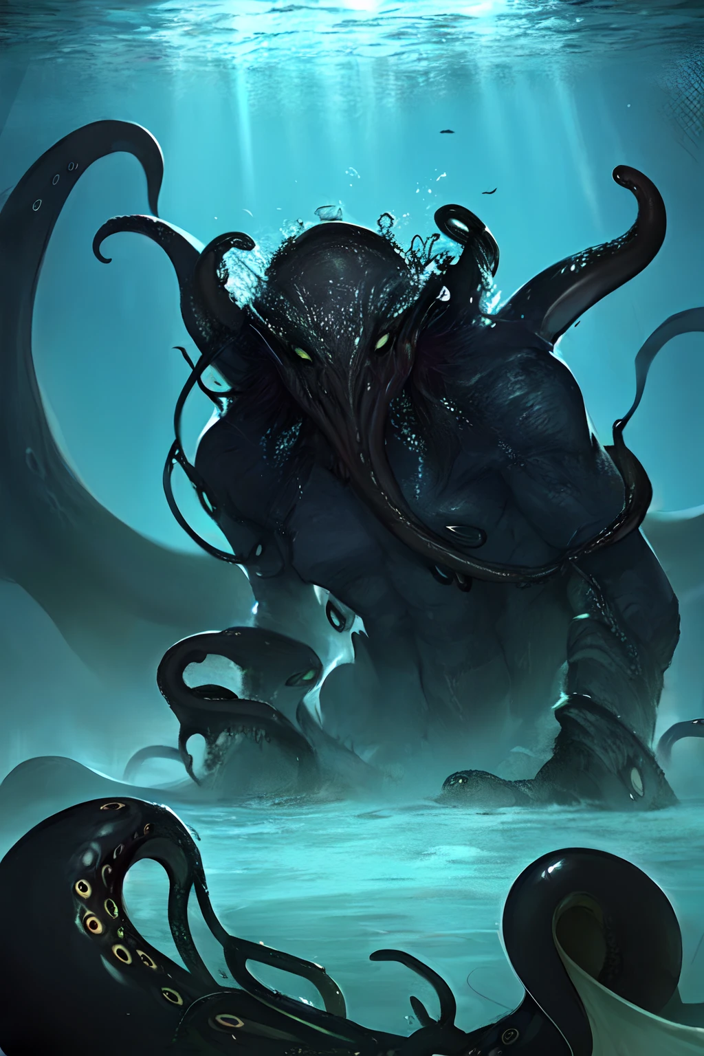 Cthulhu,Monster,(tentaculata:1.35)，A polluted underwater world，Gloomy picture，(Nuclear contamination:1.35)，（face:1.35）,（sarcoma：1.35）s