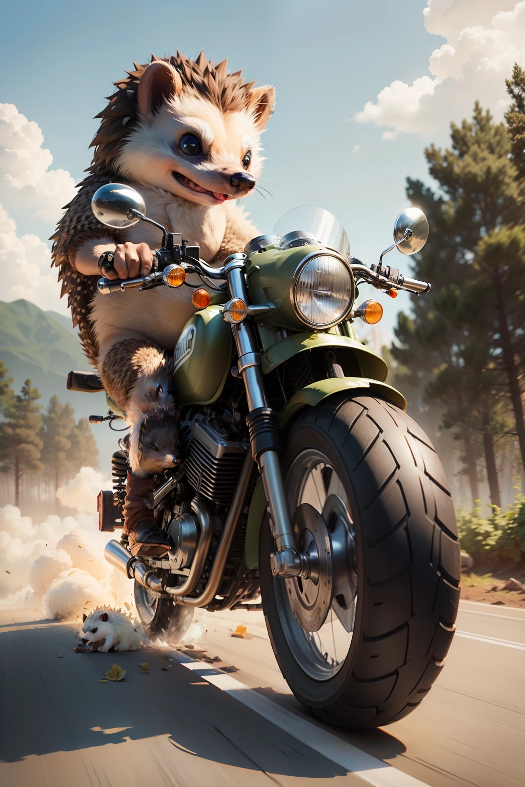 Hedgehog riding a motorcycle that stepped on a landmine and blew it away