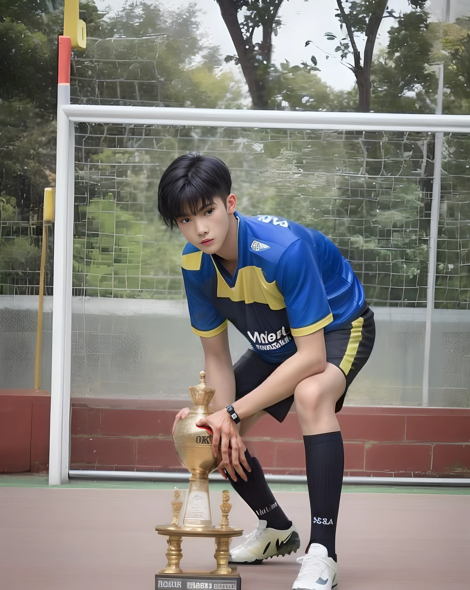 1Boy,short hair, black hair,Football shirt,18 years old,8k,realistic,70 mm, Realistic,Real,