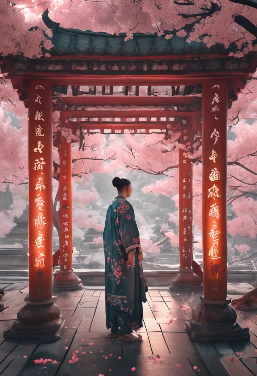 RAW photos, Highest quality), (Realistic, Photorealistic: 1.3), Highest quality, Masterpiece, Very delicate and beautiful, Highly detailed, CG, Unity, 2k wallpaper, Wonderful, beautiful of detail, Masterpiece, Light smile, Highest quality, Highly detailed CG Great Unity 8k wallpaper, Selfie Photos, Big tits, Surrounded by cherry blossom trees, temple，Shaolin is，Wear jumpsuit color green tea batik suit