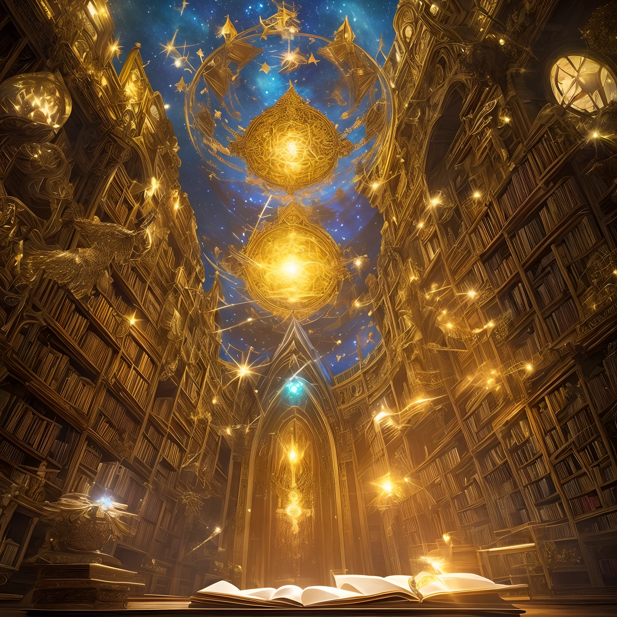 Deus da Magia em uma biblioteca infinita. O Deus assume uma forma humanoide, with divine characteristics that emanate magic and mystery. Its body is made up of a myriad of stars, galaxies and nebulae that gently rotate under your translucent skin. His figure is imbued with a cosmic aura, irradiando energia e poder.
The library where it is positioned is vast and eternal, com estantes que se perdem no horizonte. The aisles between the bookshelves are illuminated by soft light, which emanates from floating candles and highlights the details of countless books and scrolls. Os livros variam em tamanho e formato, containing magical knowledge from all corners of the universe.
No centro da biblioteca, o Deus da Magia ergue-se majestosamente. His humanoid form wears stellar cloaks that flutter like moving constellations. A detailed owl mask wraps around your face, os olhos da coruja brilhando com a profundidade da sabedoria ancestral. He is immersed in an open book, with arcane symbols dancing across the pages as he reads.
The scene captures the imposing presence of the God of Magic, The link between your divine form and the vast cosmos, bem como a infinita fonte de conhecimento na biblioteca. A magia flui em cada detalhe, criando uma imagem de maravilha e encantamento.